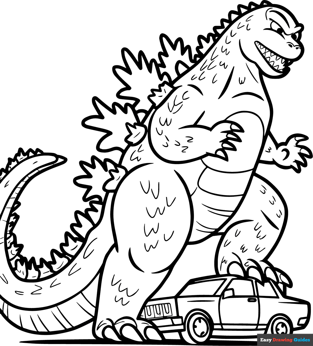 Godzilla Stomping Cars Coloring Page Easy Drawing Guides