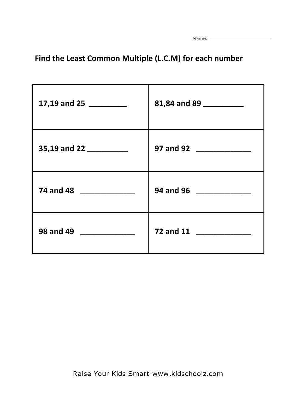Grade 4 Least Common Multiple LCM Worksheet 4 Kidschoolz