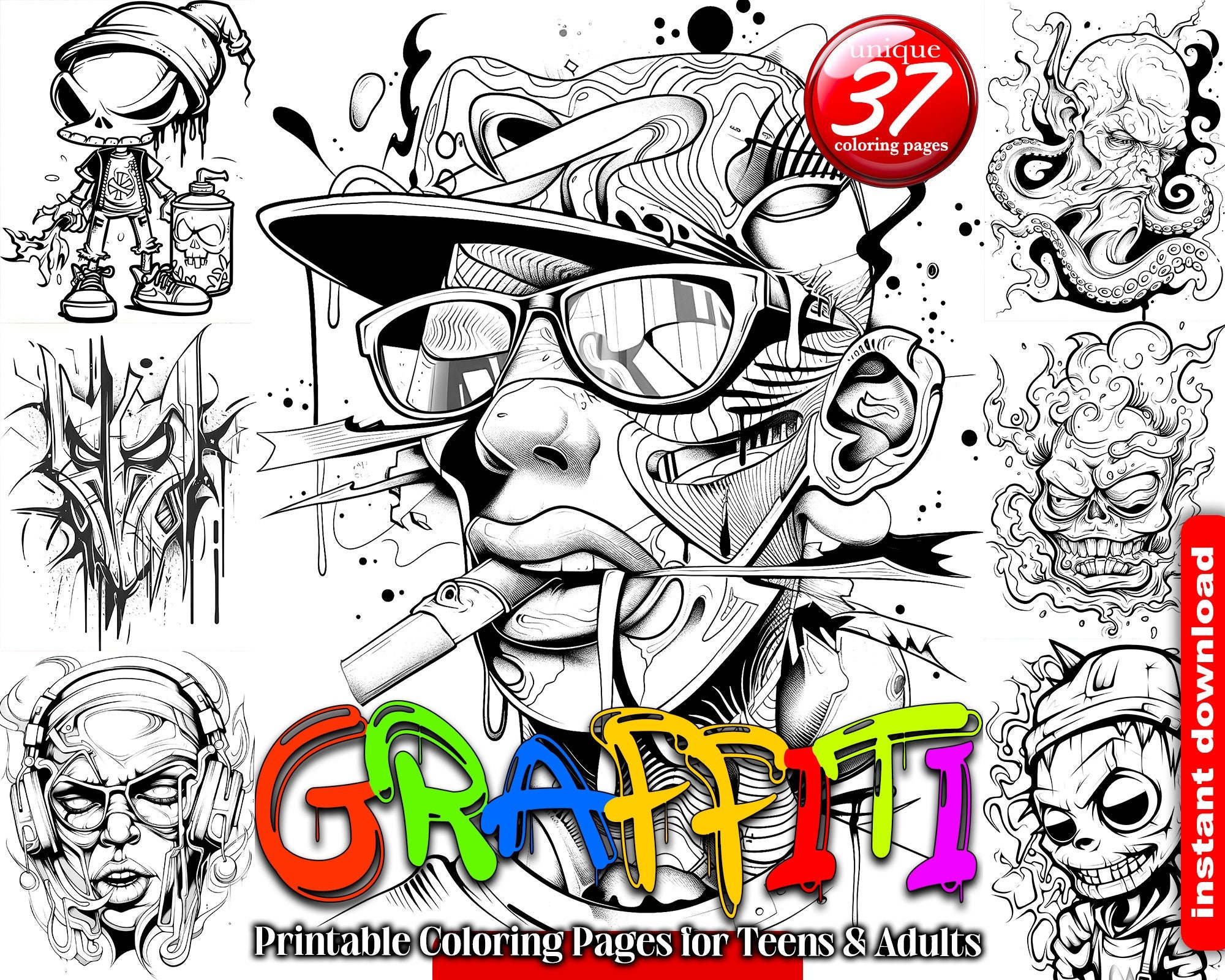 Graffiti Street Art Coloring Book 37 Printable Pages PDF Etsy