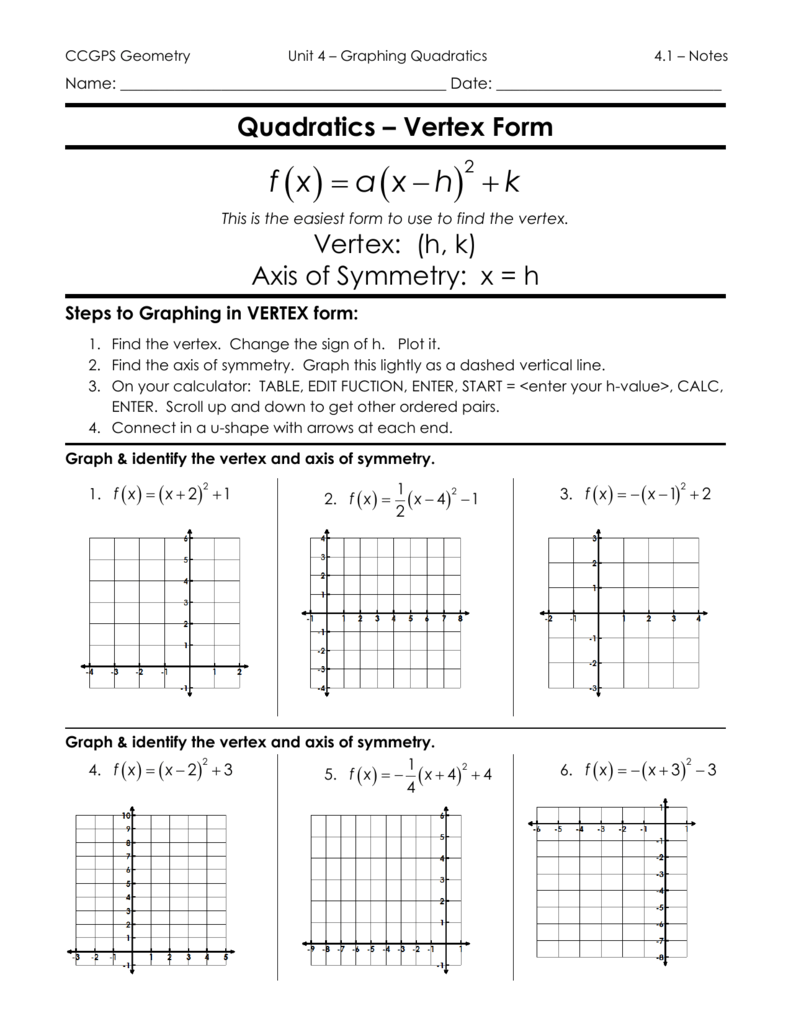 Graphing Quadratics Vertex Form Notes Graphing Quadratics Vertex Form Notes