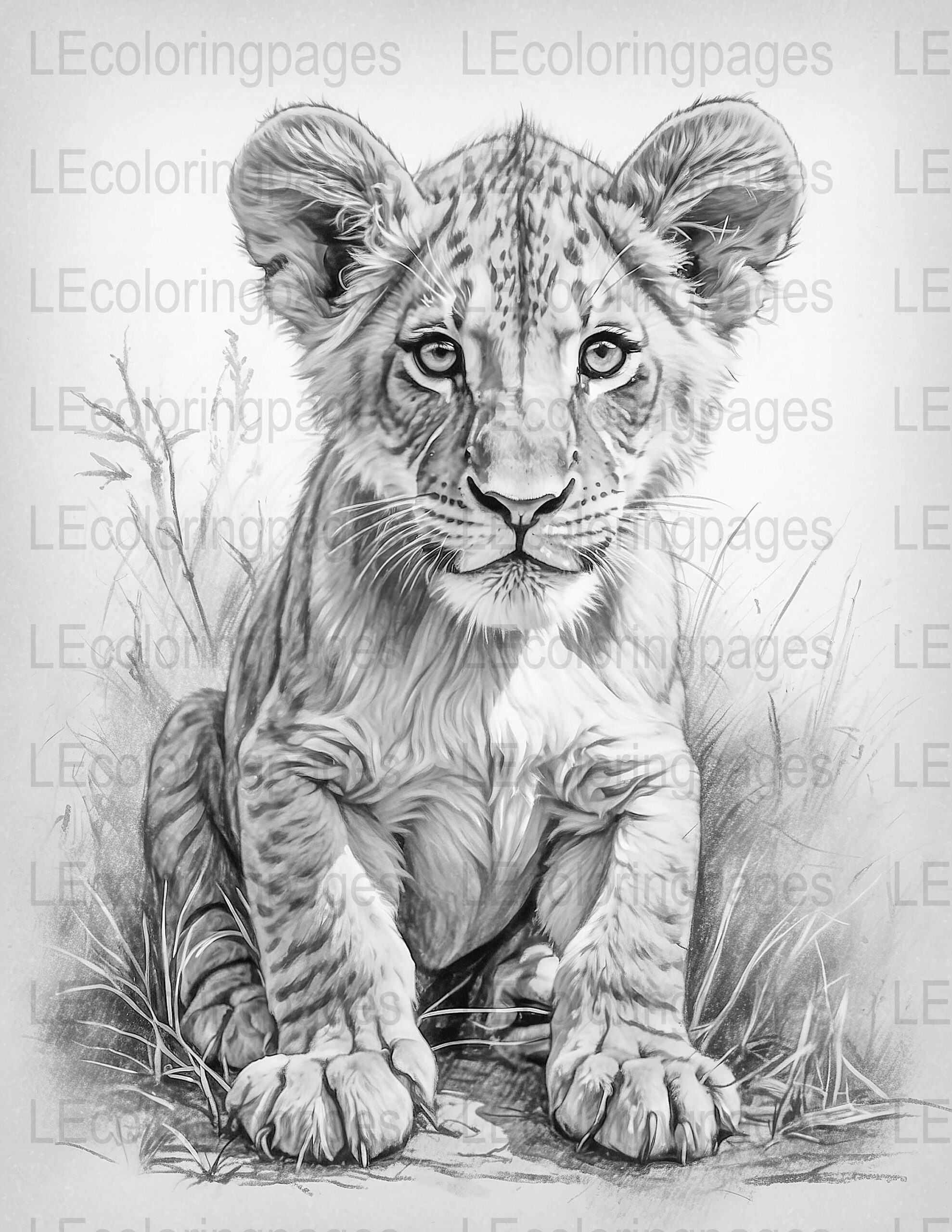 Grayscale Lion Cub Adult Coloring Page Printable Jungle Animal Relaxation Art Digital Download Nature Inspired Stress Relief JPG Etsy