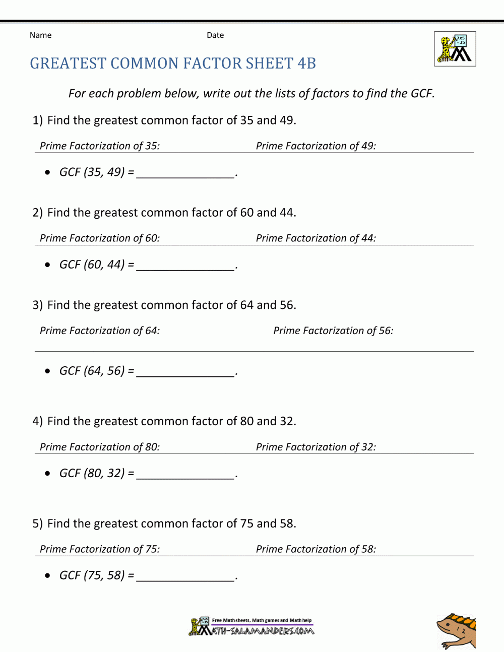 Greatest Common Factor Worksheet Page