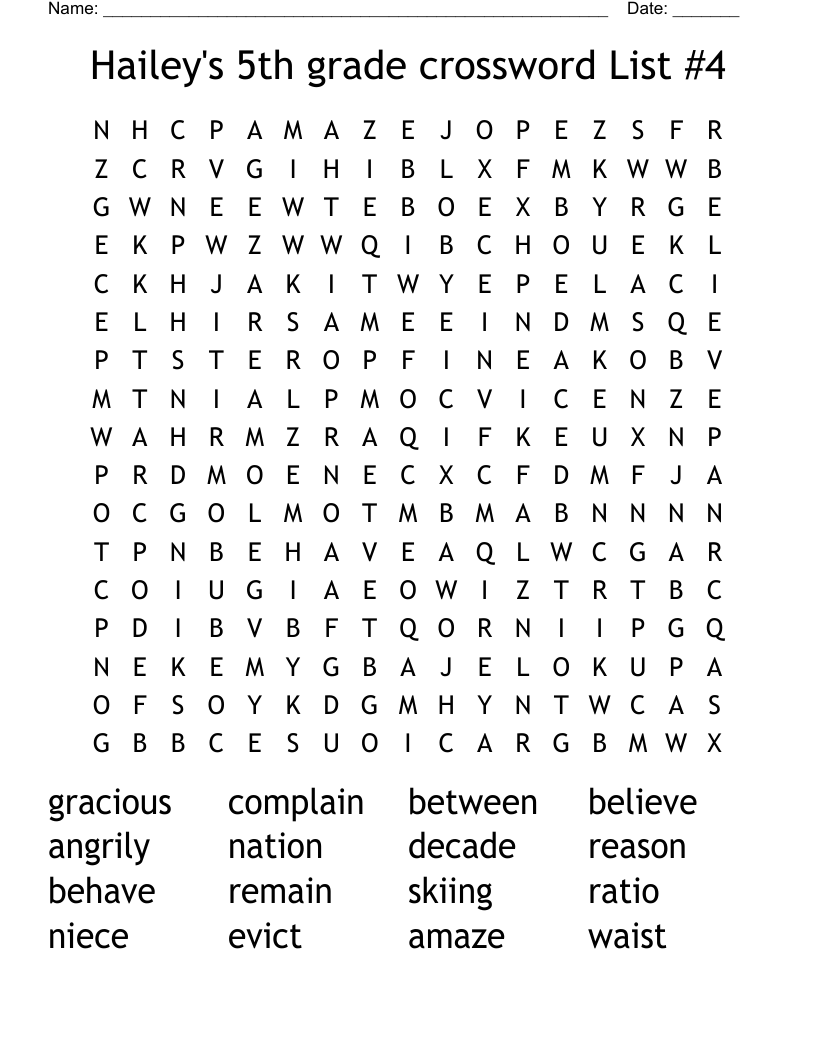 Hailey s 5th Grade Crossword List 4 Word Search WordMint
