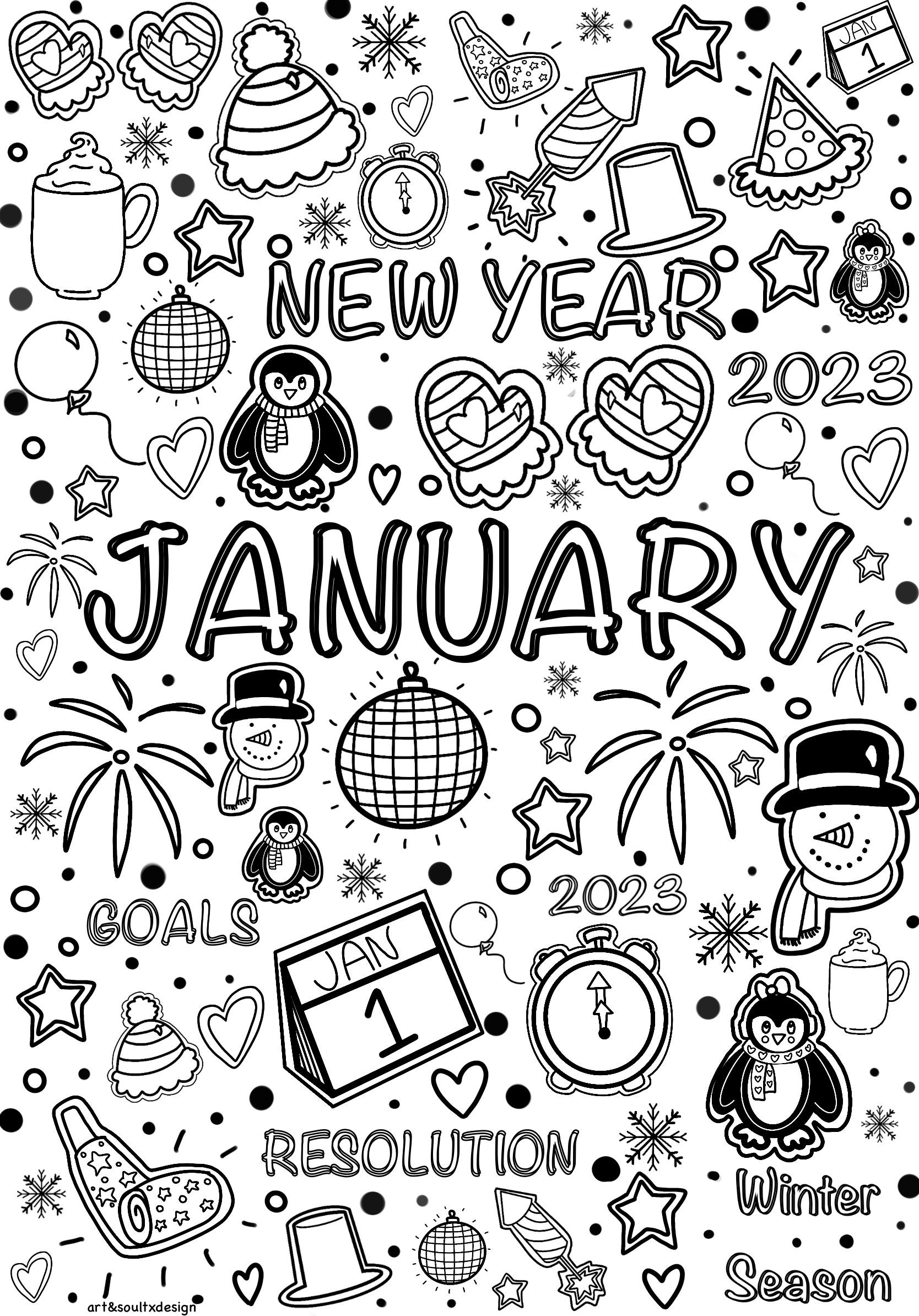 Hand drawn Winter Coloring Pages December January February Seasonal Winter Valentines Christmas Etsy