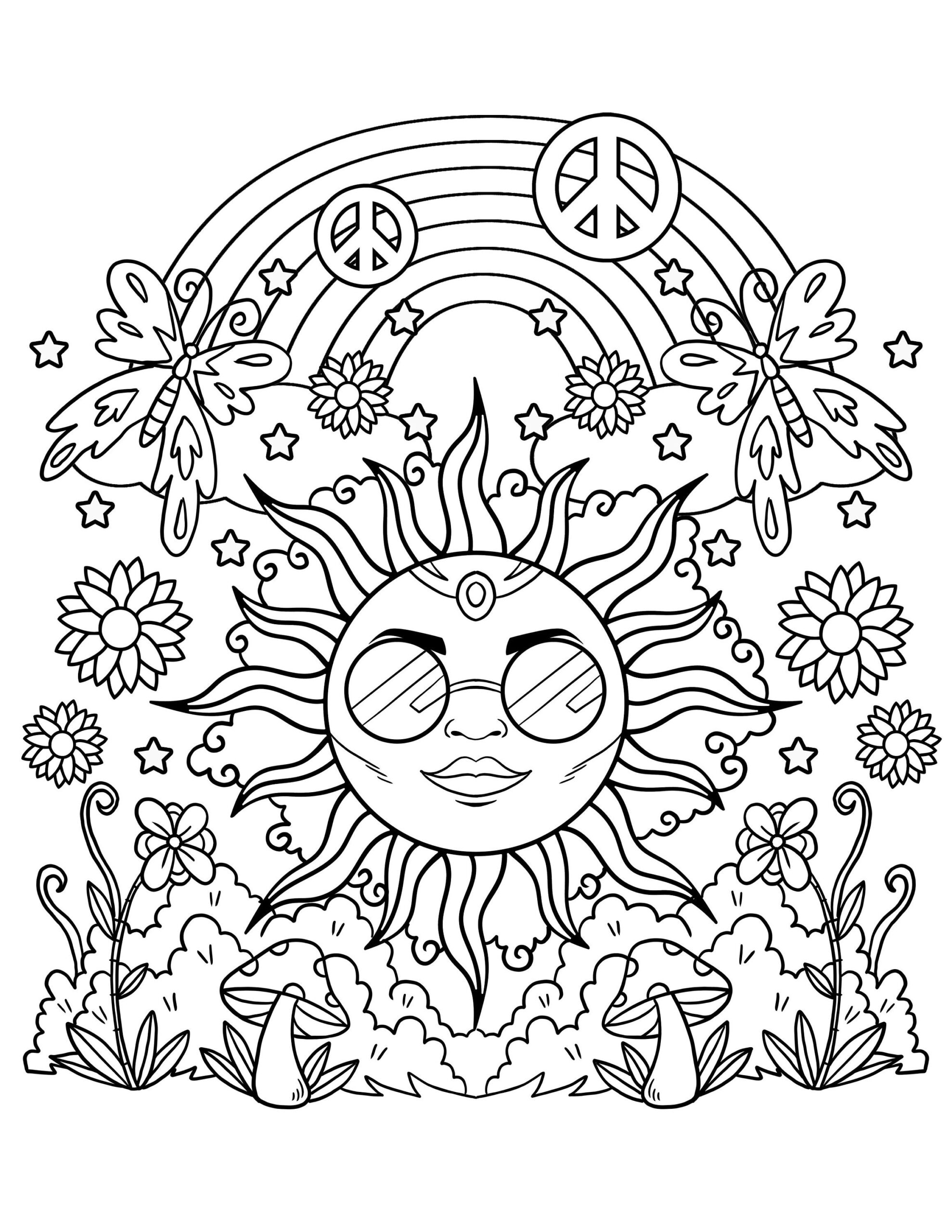 Hippie Sun Printable Coloring Pages Digital Download Trippy Coloring Book Etsy Hippie Sun Printable Coloring Pages Digital Download Trippy Coloring Book Etsy