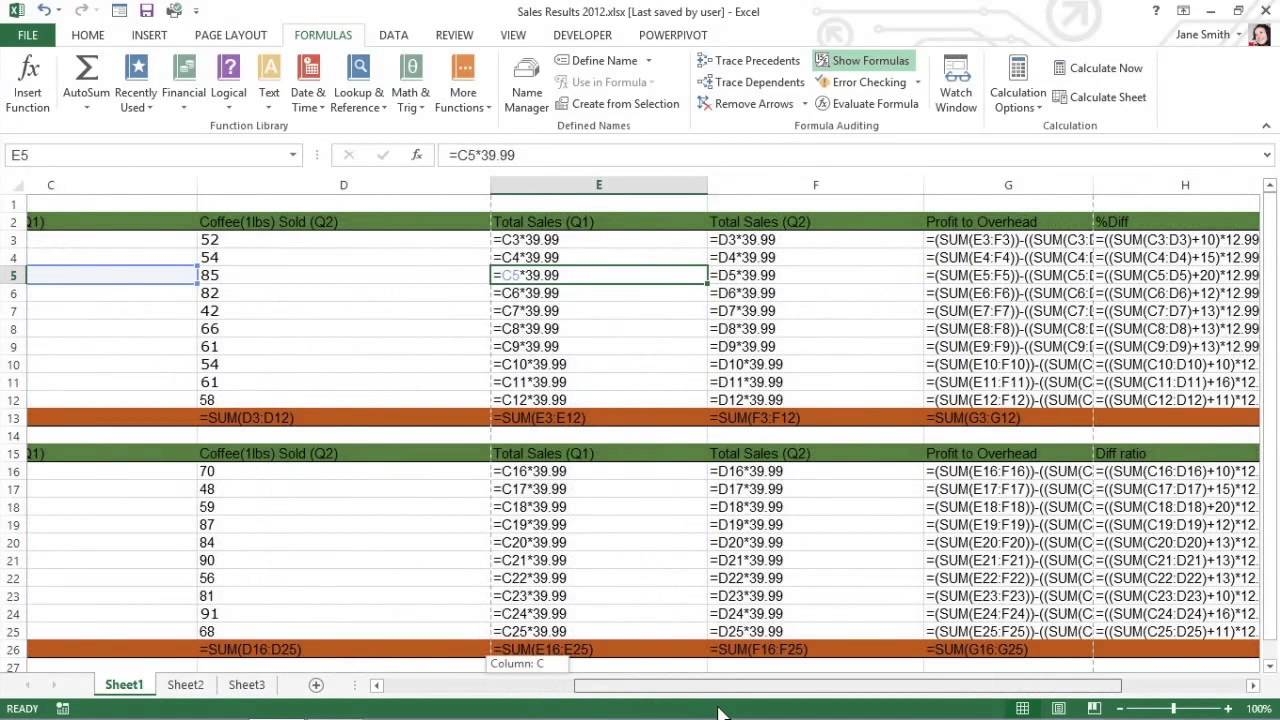 display the formulas in this worksheet
