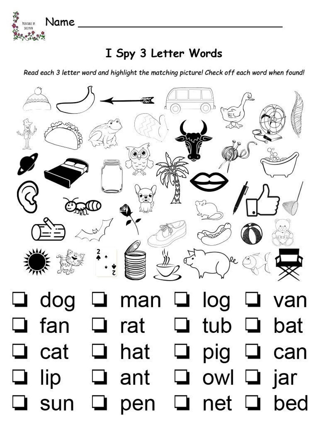 I Spy 3 Letter Words Printable Worksheet Match Words To Pictures Preschool 1st Grade Etsy