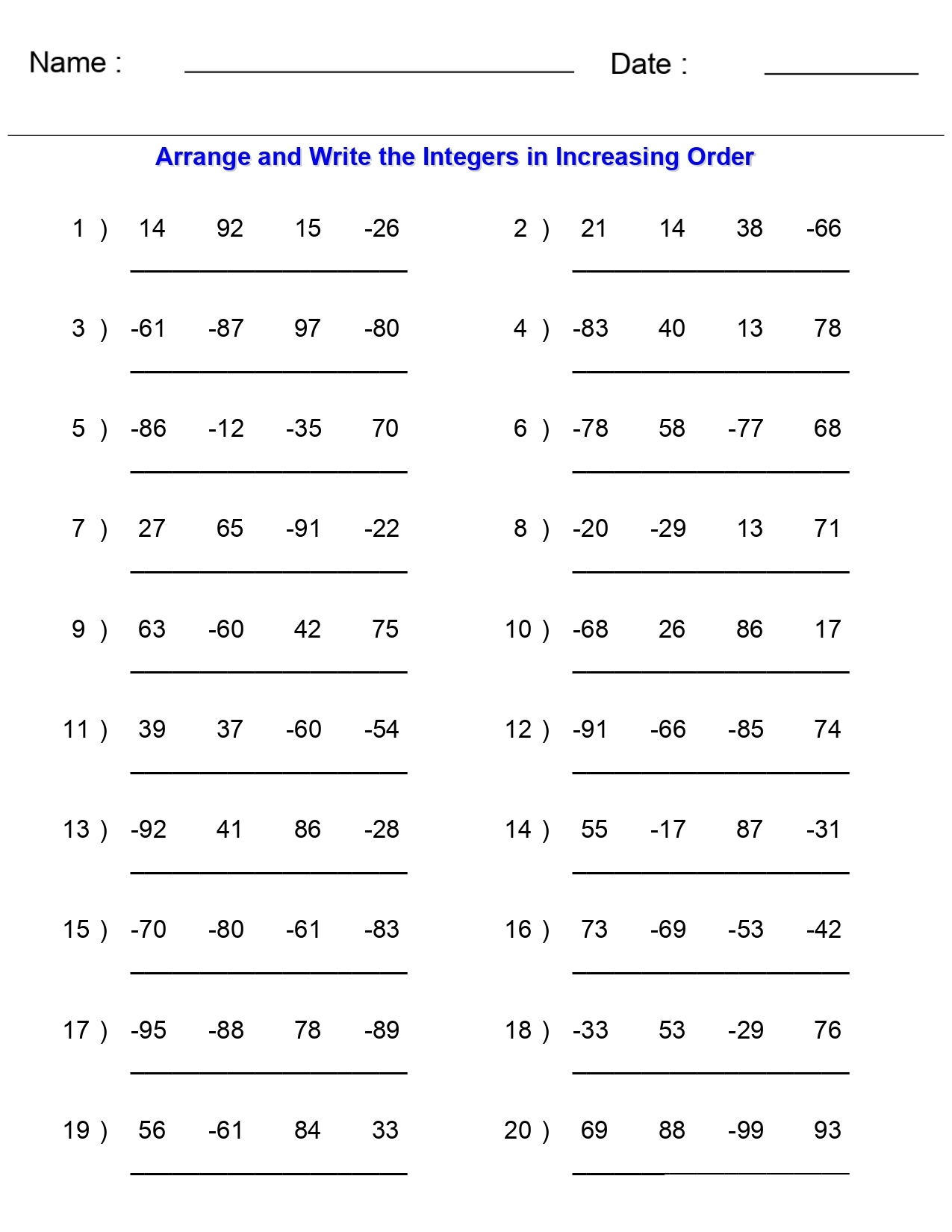 Integers Worksheets Arranging Orders Of Integers Worksheets Made By Teachers