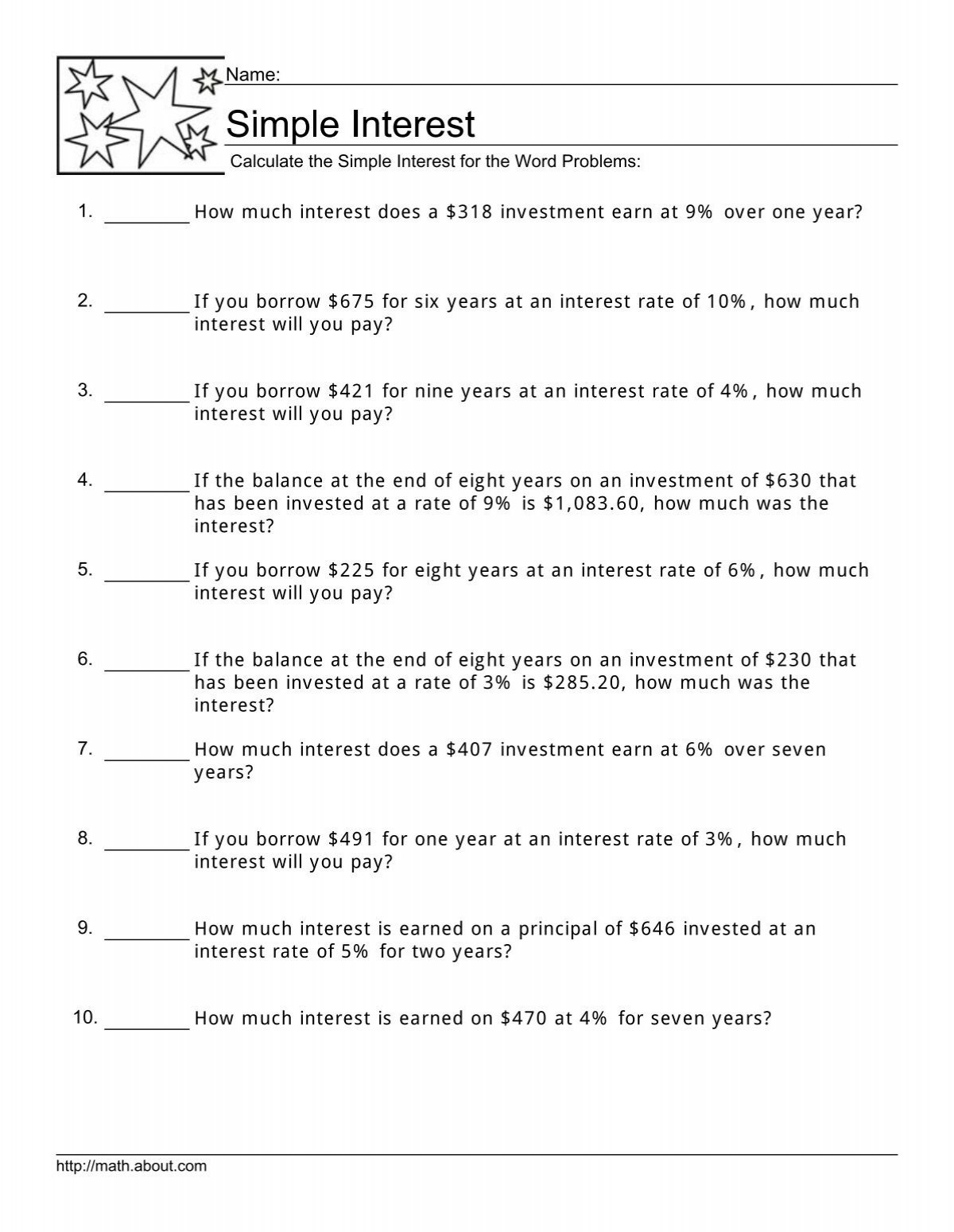 simple interest worksheet
