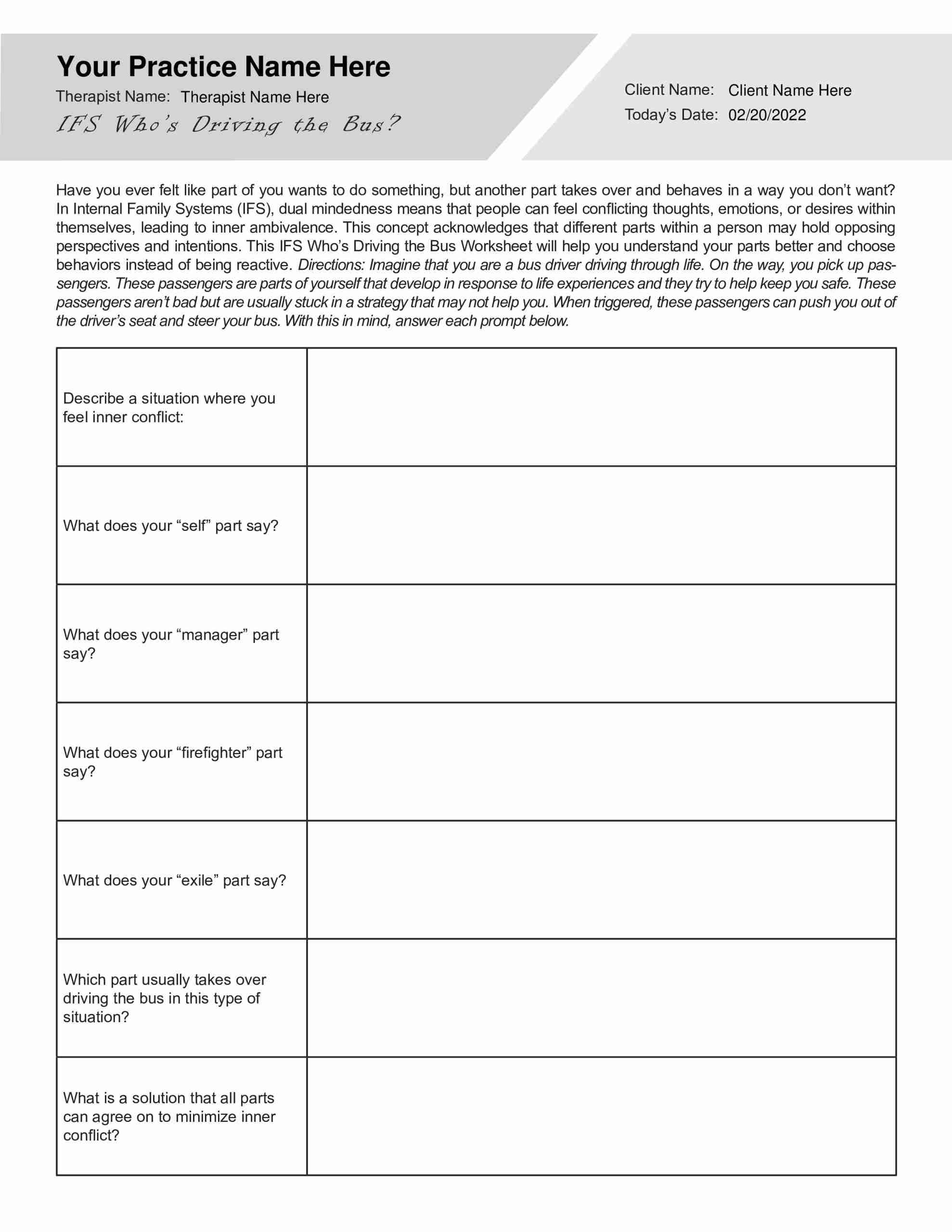 Internal Family Systems Whos Driving The Bus Worksheet PDF TherapyByPro