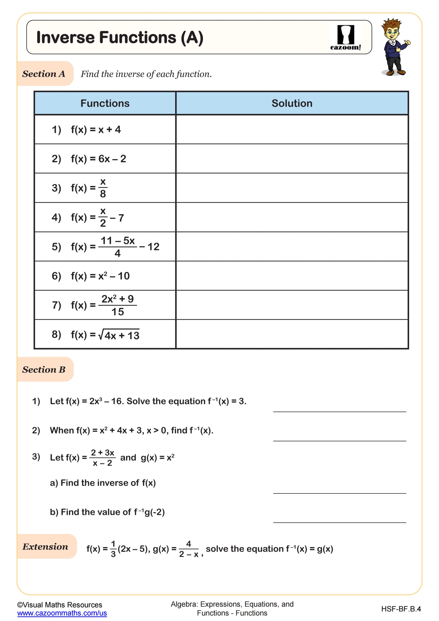 Inverse Functions A Worksheet Fun And Engaging Algebra II PDF Worksheets Cazoom Math