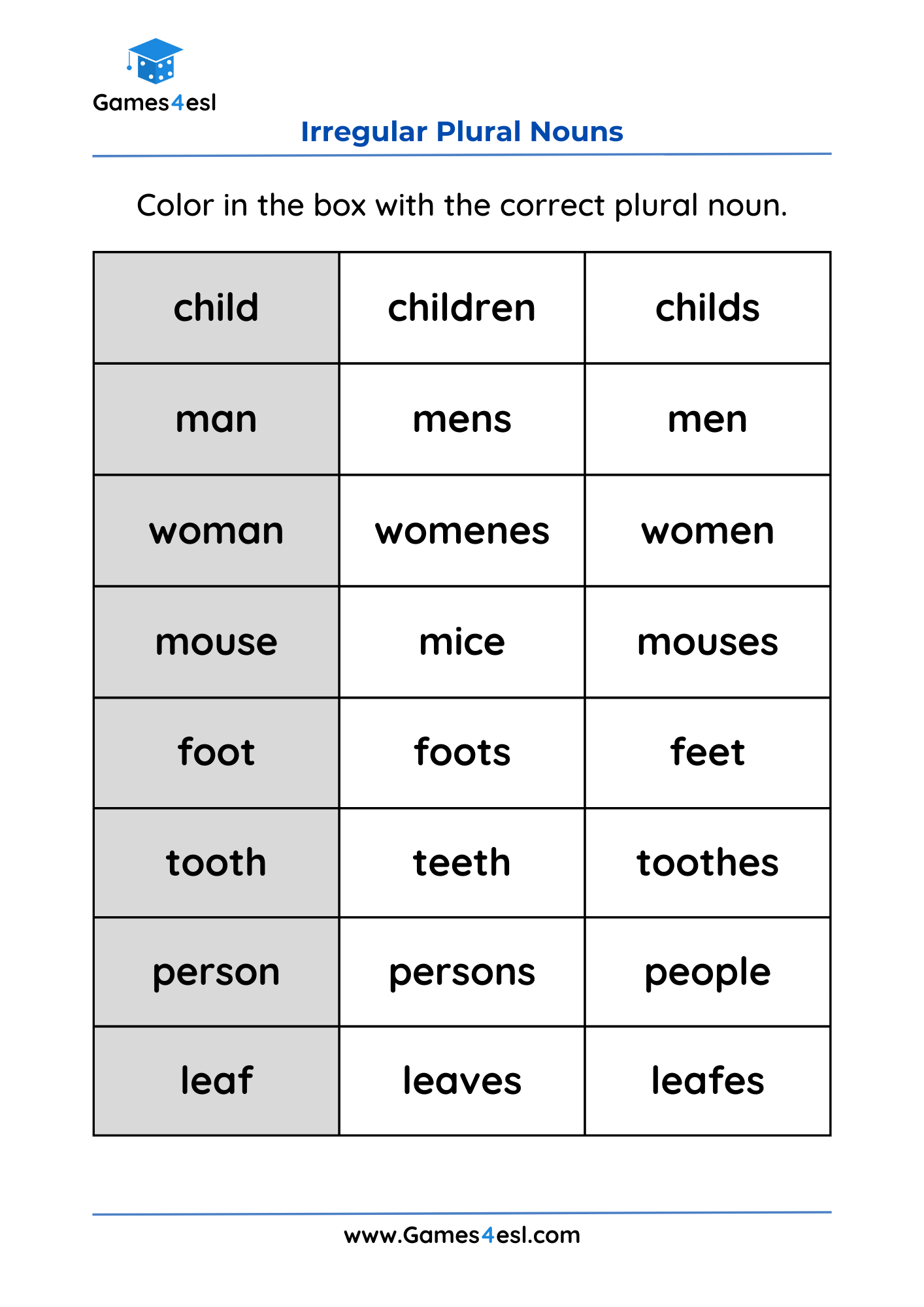 Irregular Plural Noun Worksheets Games4esl Irregular Plural Noun Worksheets Games4esl