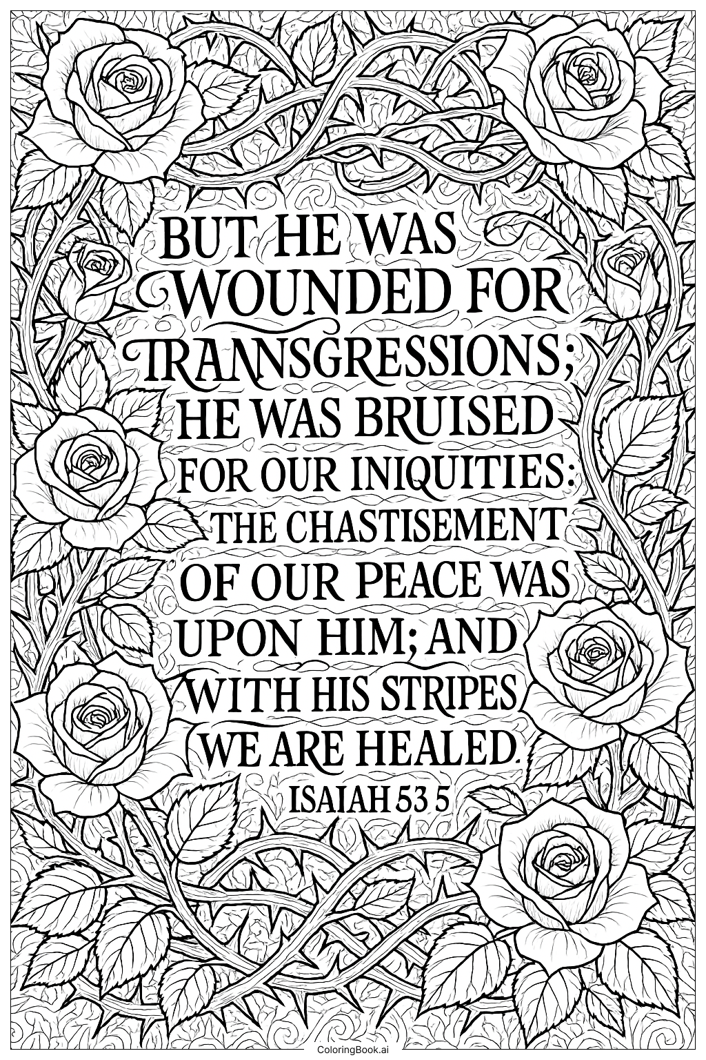 Isaiah 53 5 Surrounded By Intricate Thorns And Roses Coloring Page Free PDF PNG Printable 