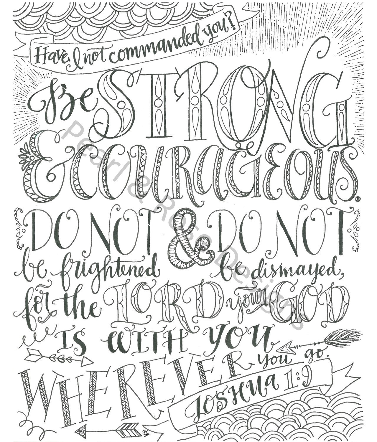 Joshua 1 9 Be Strong And Courageous Bible Verse Printable Hand Drawn Instant Download Adult Coloring Page