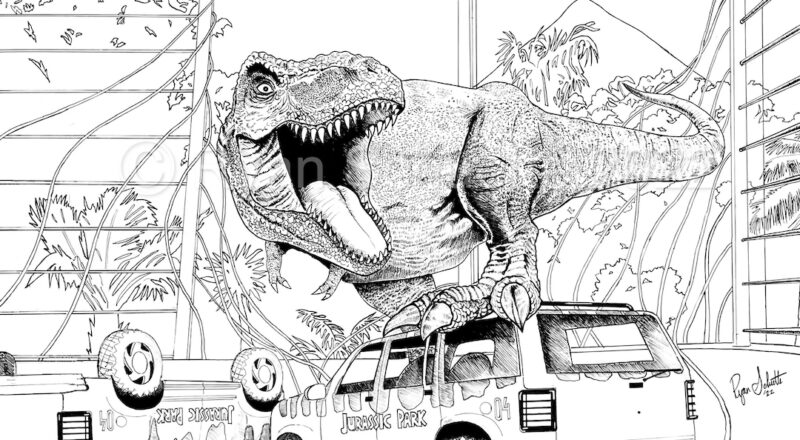 Jurassic Park T rex Ryan Schuette Jurassic World Coloring Printable Adult Coloring Page Instant Download Grayscale Illustration Etsy