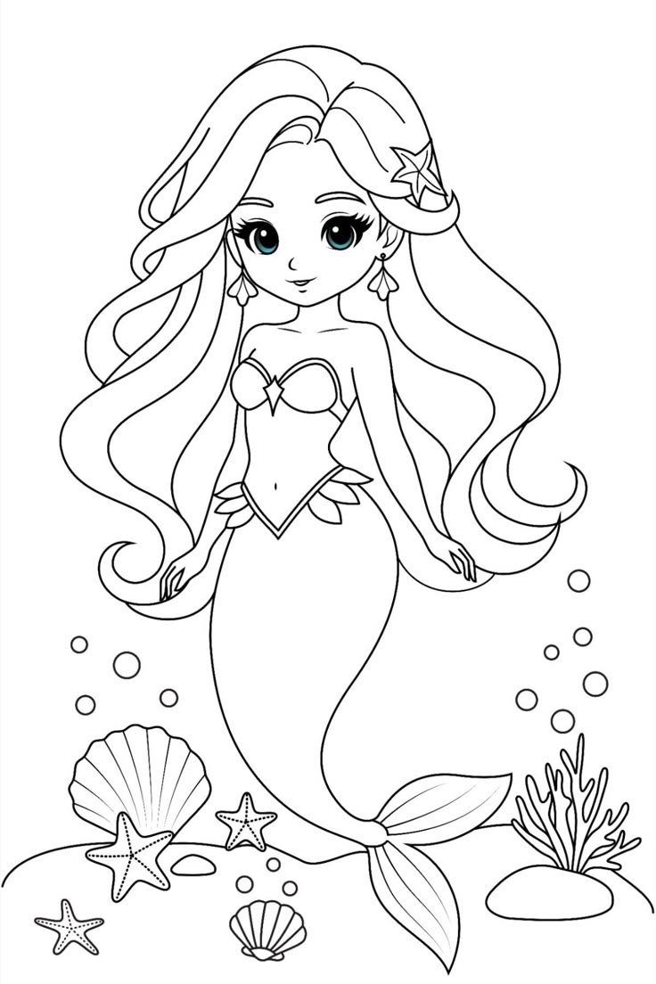 Kawaii Mermaid Princess Coloring Page For Kids Mermaid Coloring Book Disney Coloring Pages Mermaid Coloring Pages