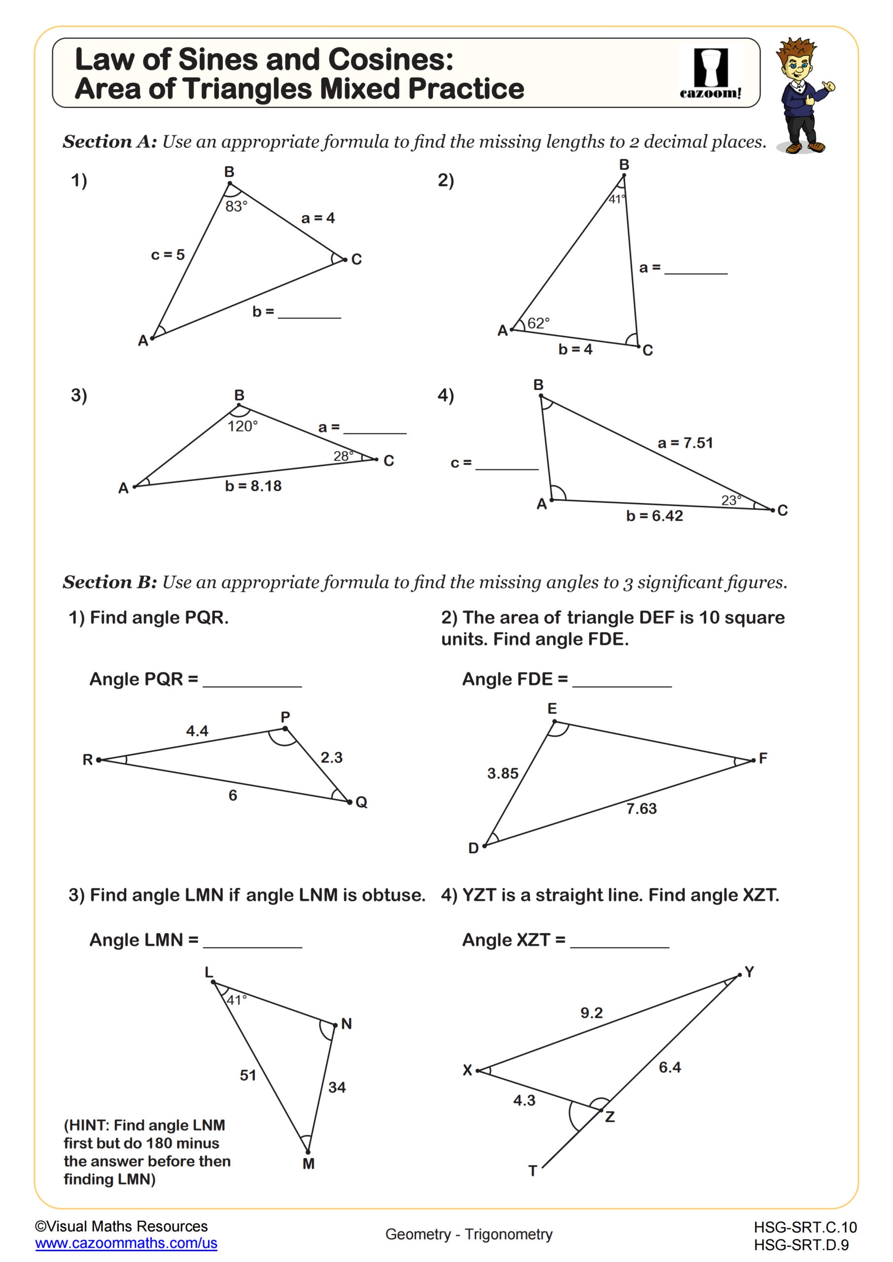 Law Of Sines And Cosines Area Of Triangles Mixed Practice Worksheet Fun And Engaging Algebra II PDF Worksheets Cazoom Math