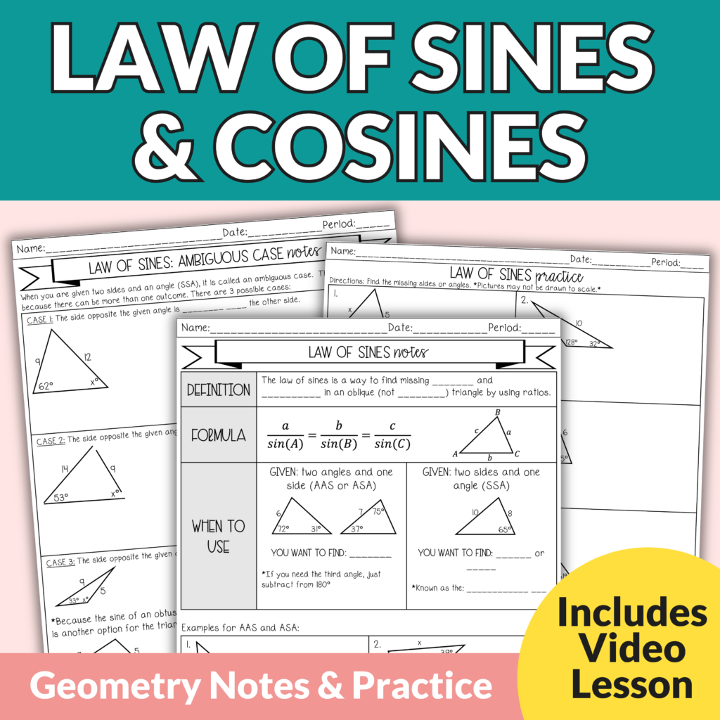 Law Of Sines And Cosines Triangle Area Notes And Worksheets For Grades 9th 11th Lindsay Bowden