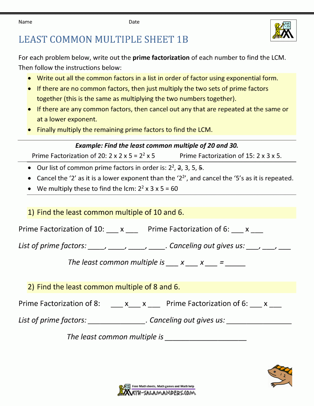 Least Common Multiple Worksheets Page