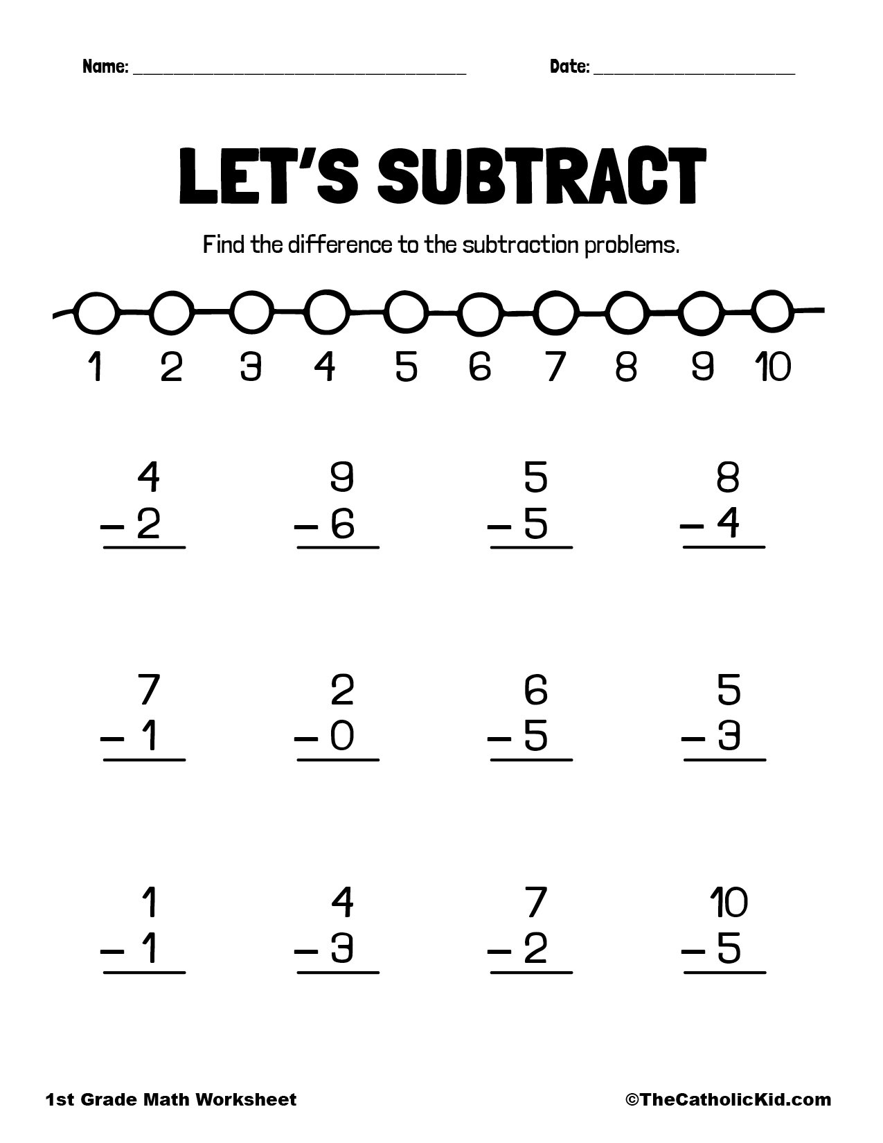 Let s Subtract 1st Grade Math Worksheet Catholic TheCatholicKid Let s Subtract 1st Grade Math Worksheet Catholic TheCatholicKid