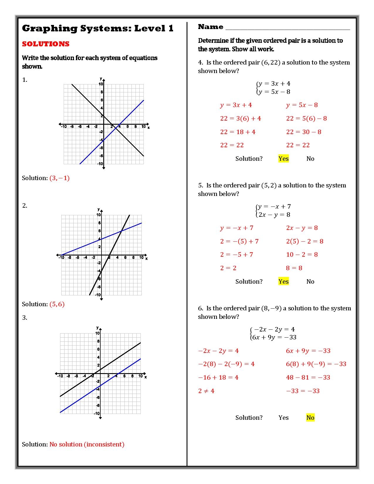 graphing systems of equations worksheet