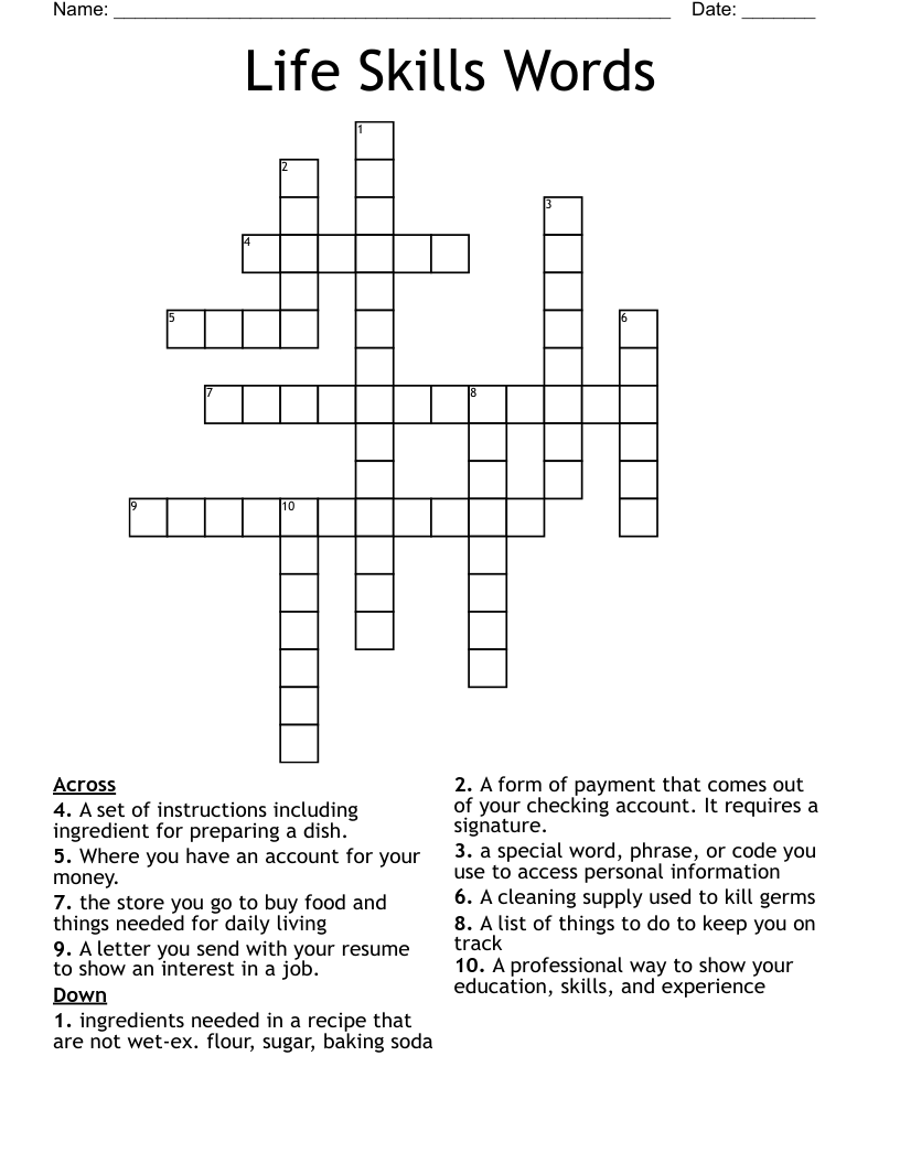 Life Skills Words Crossword WordMint