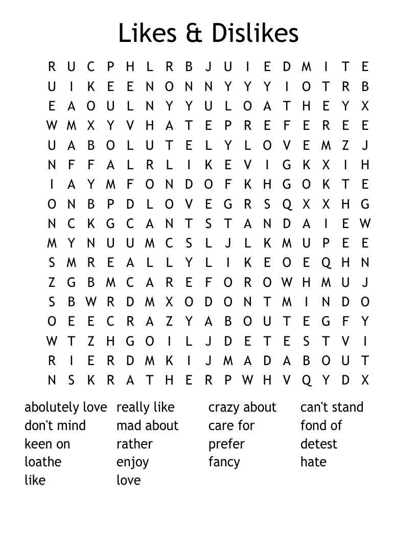 Likes Dislikes Word Search WordMint Likes Dislikes Word Search WordMint