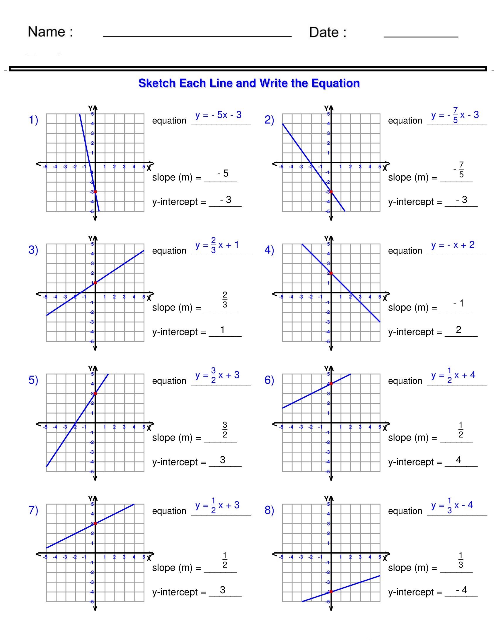 slope and slope intercept form worksheet