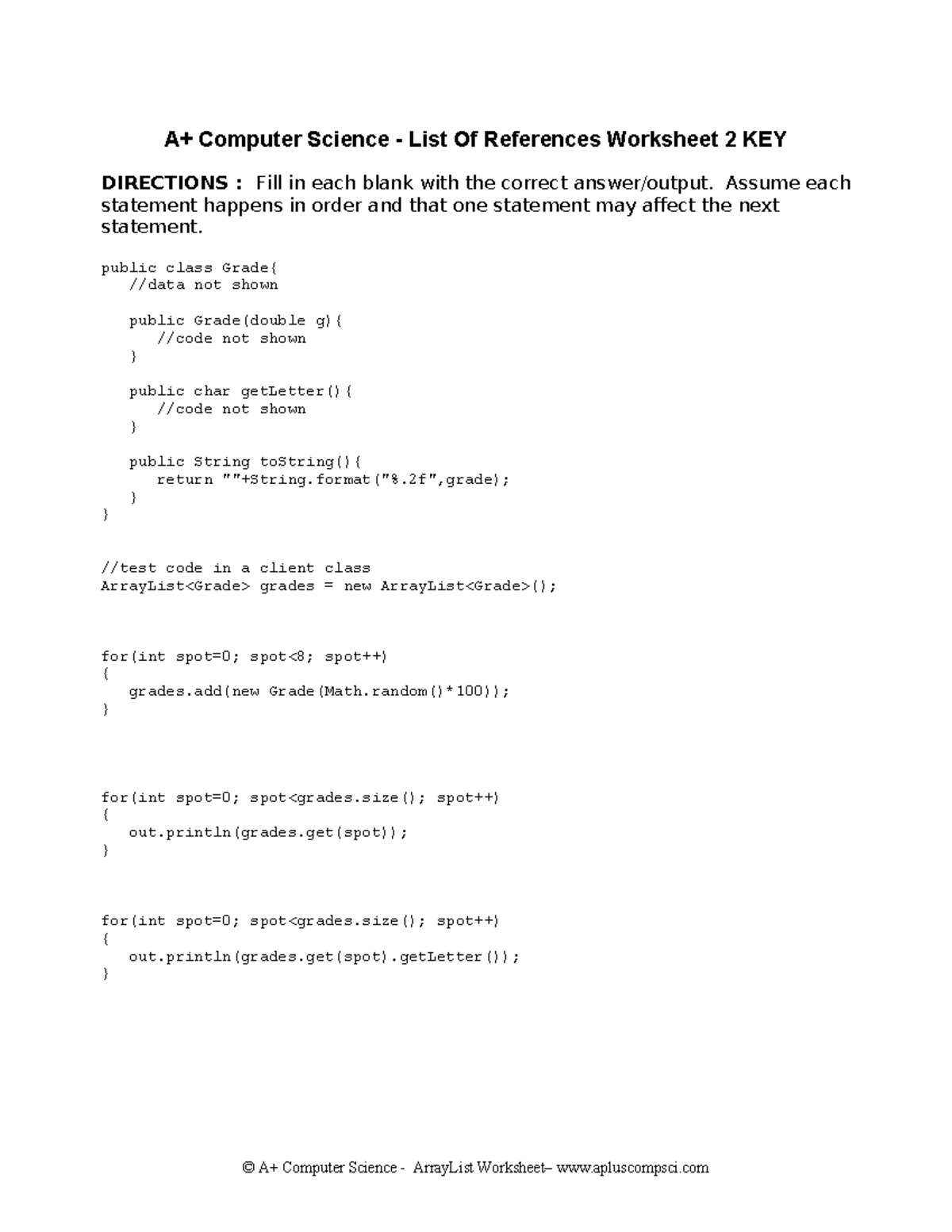 Listofreferences Worksheet 2 Java Aplus Key A Computer Science List Of References Worksheet 2 Studocu
