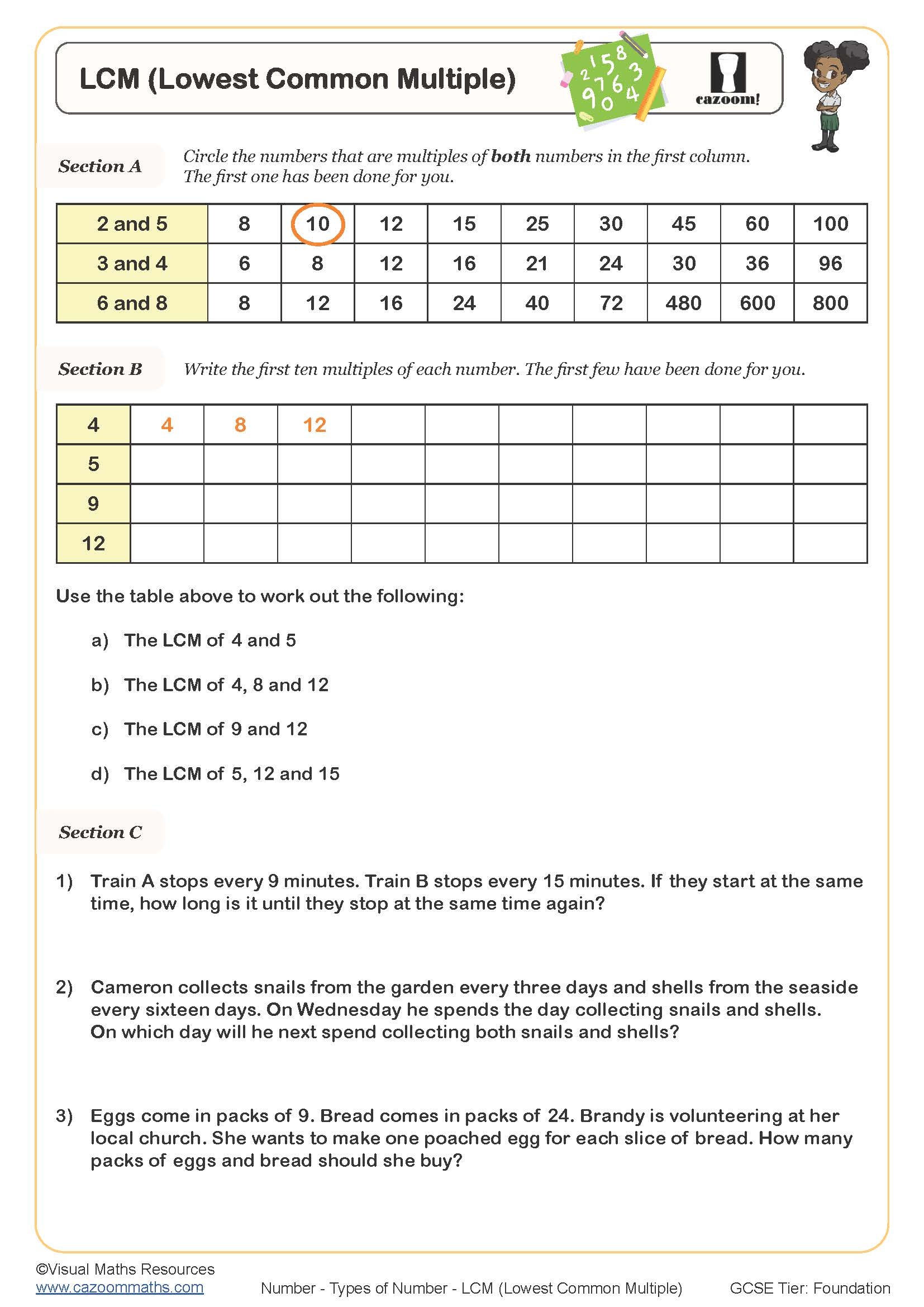 Lowest Common Multiple Worksheet Cazoom Maths Worksheets