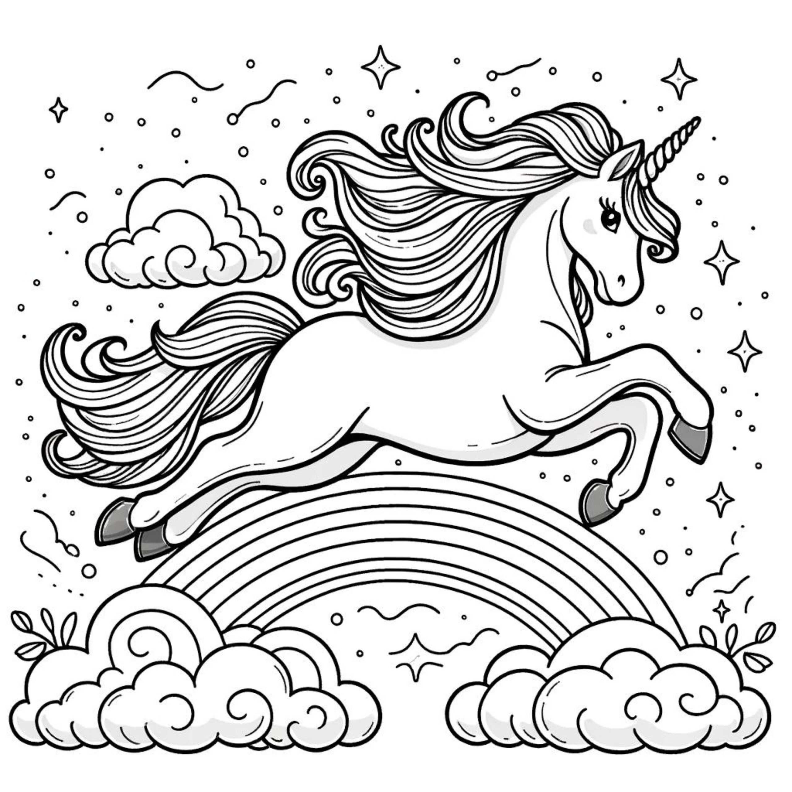 Magical Unicorn Coloring Pages Printable Leaping Unicorns With Stars Clouds And Rainbow Kids Whimsical Coloring Book Art Etsy Sweden
