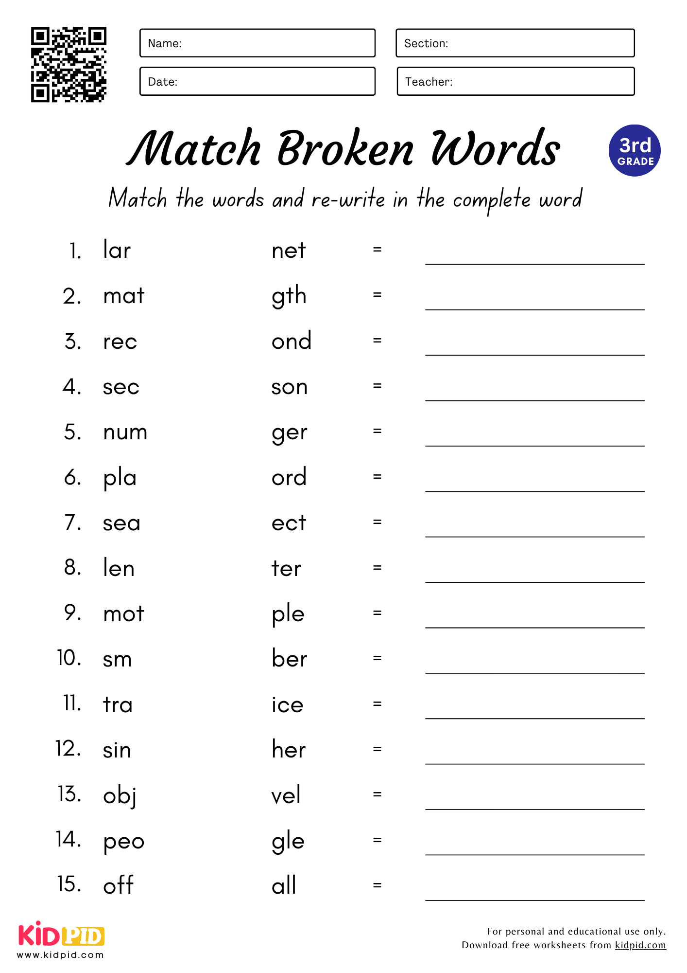 Match Complete The Words Worksheet For Grade 3 Kidpid