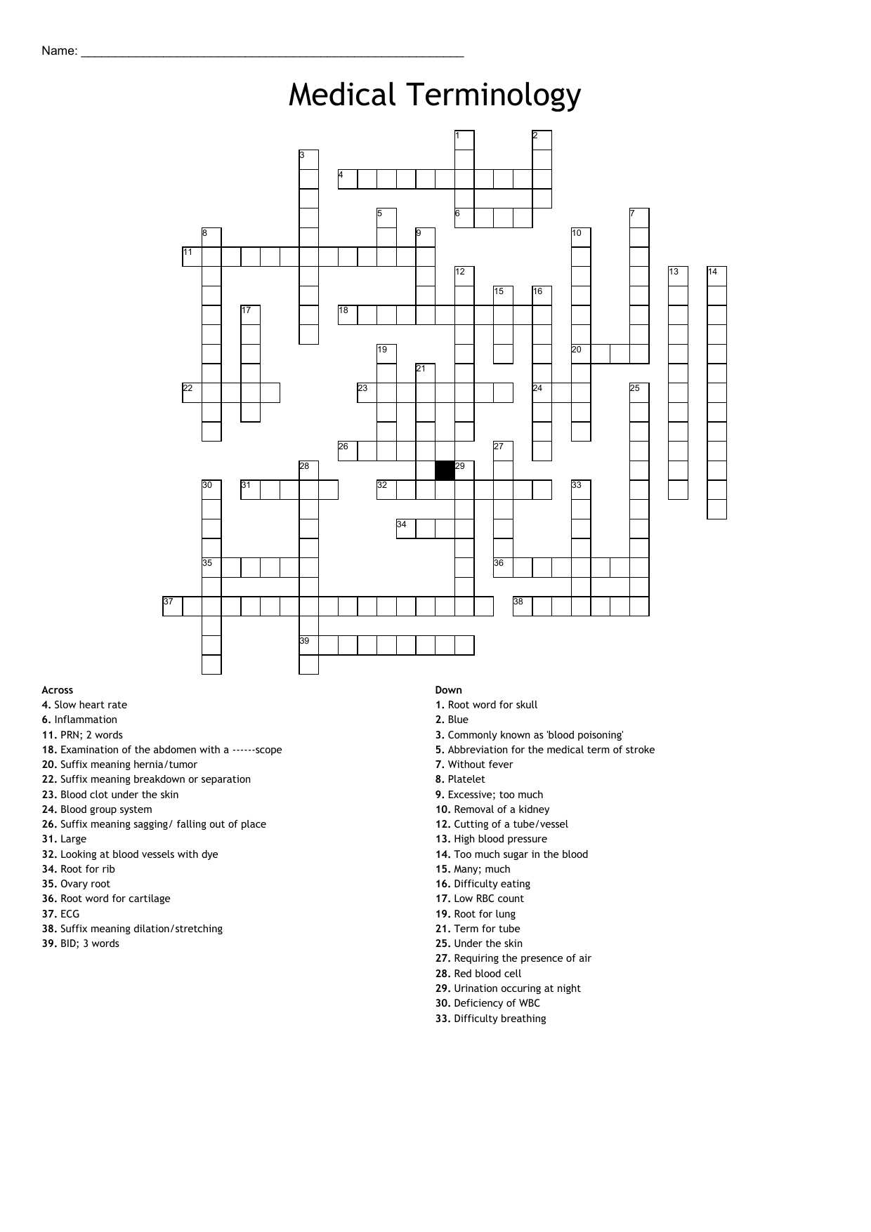Medical Terminology Crossword Puzzle Worksheet