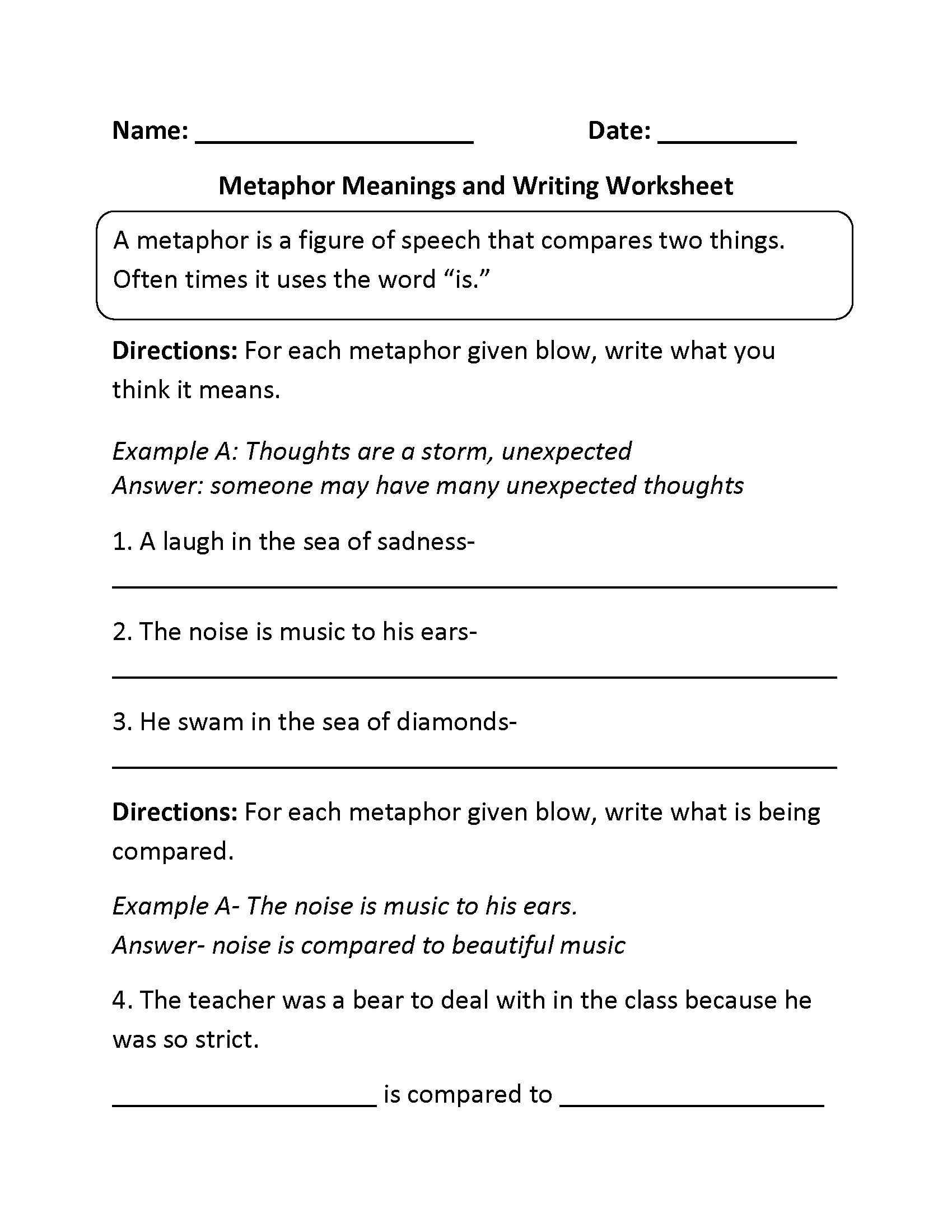 Metaphors Worksheets Free Figurative Language Practice Metaphors Worksheets Free Figurative Language Practice