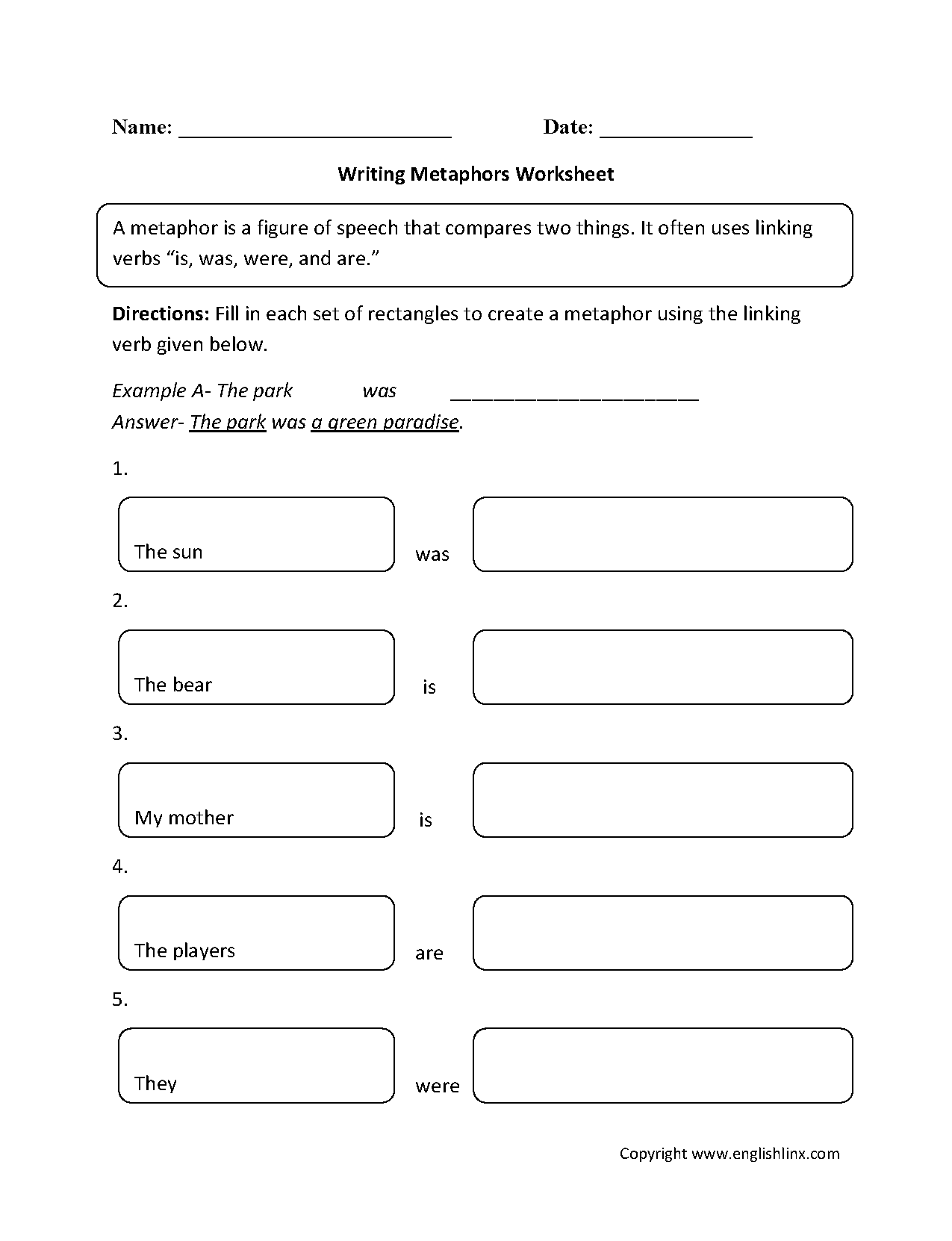 simile and metaphor worksheet