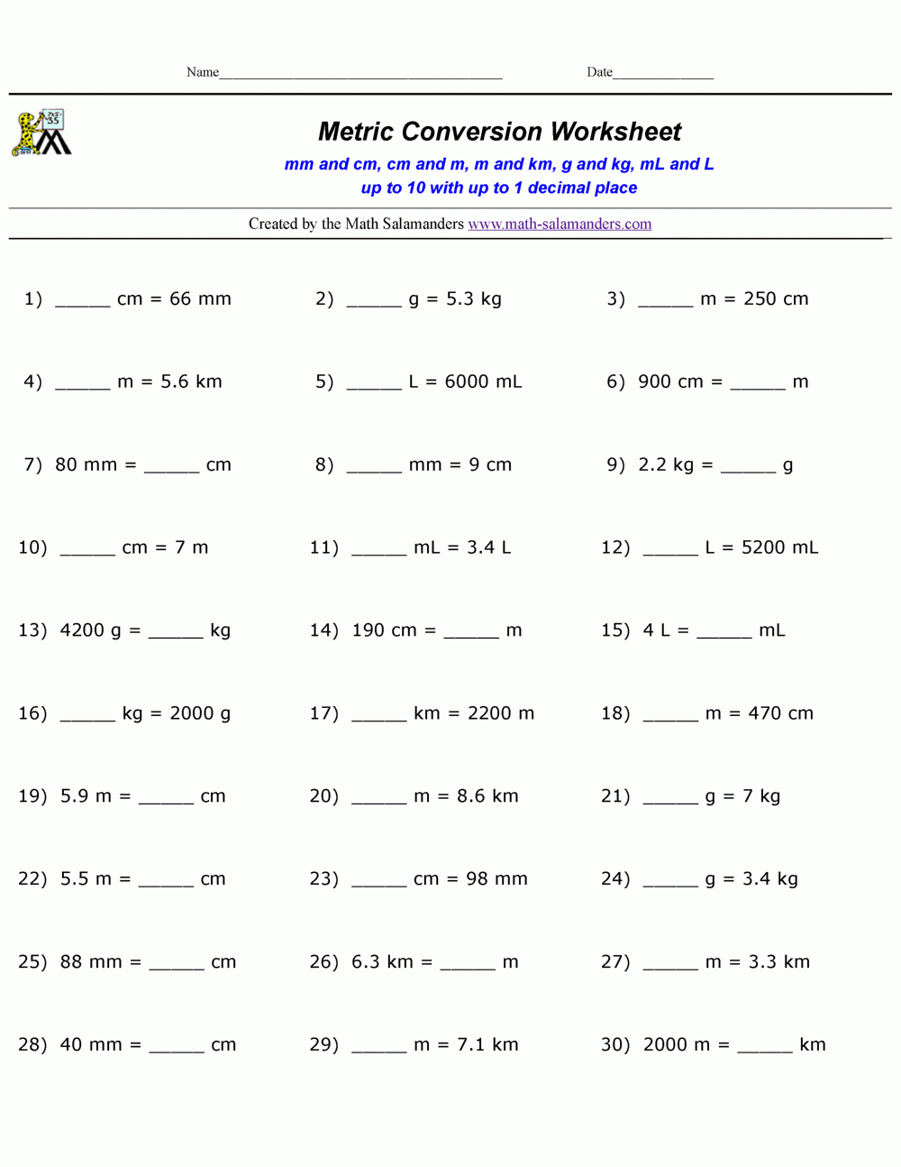 Metric Conversion Practice Worksheets