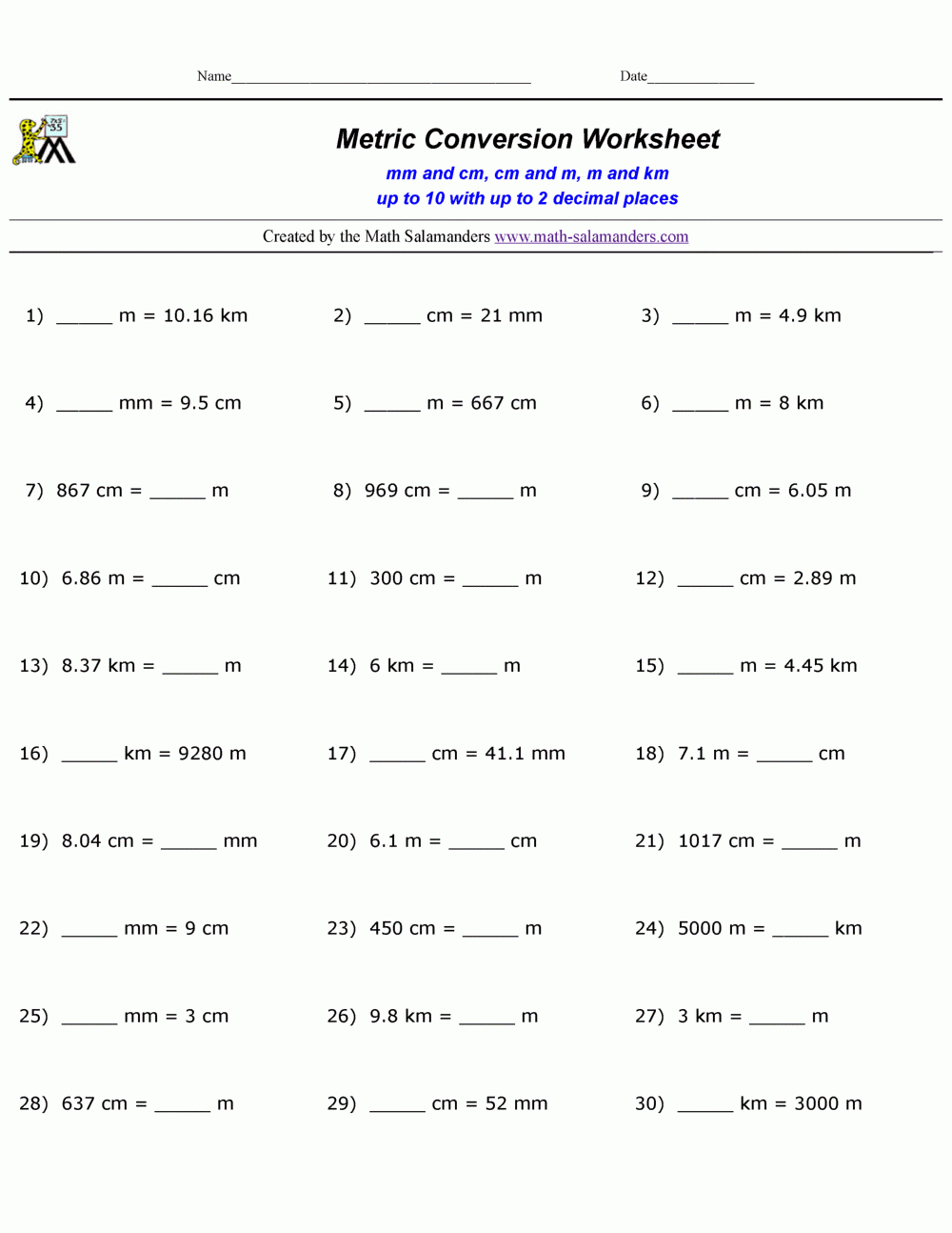 Metric Conversion Practice Worksheets