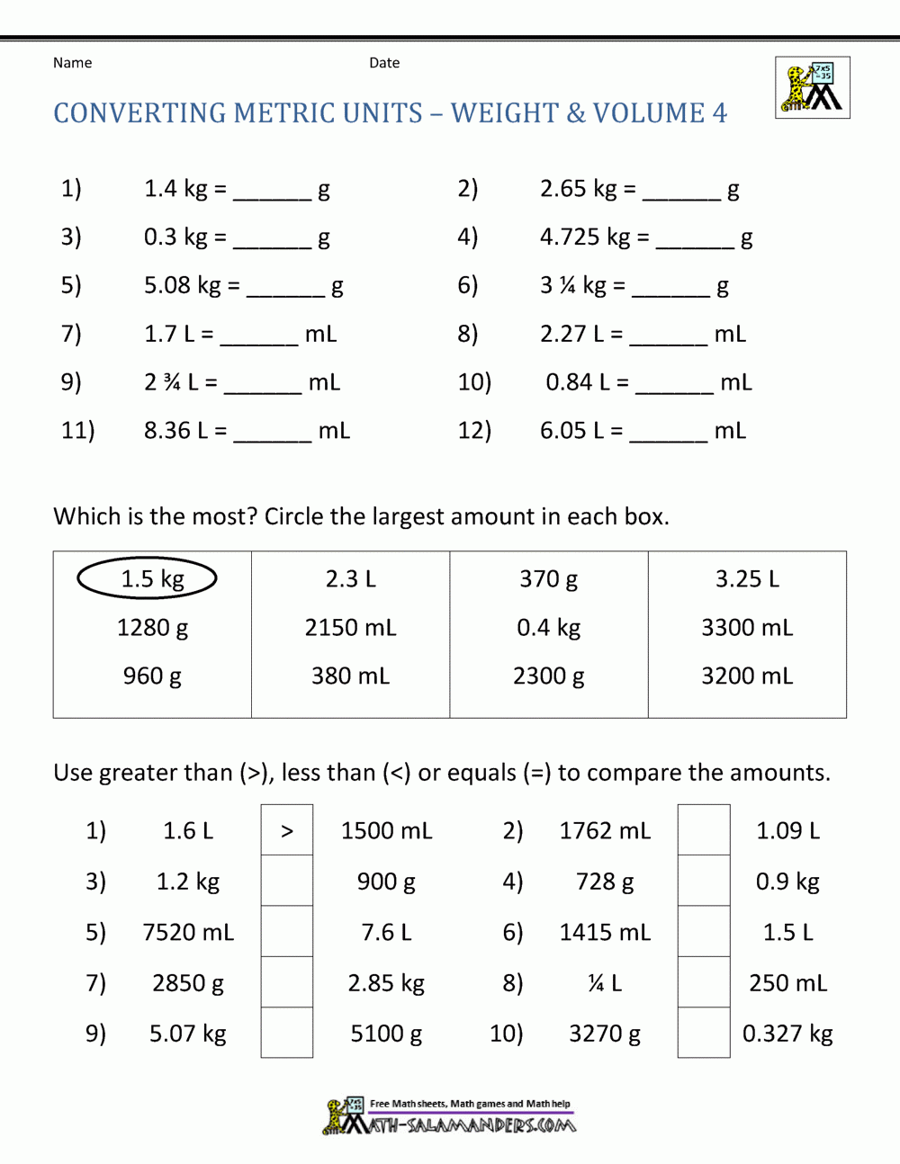 Metric Conversion Worksheet Metric Conversion Worksheet