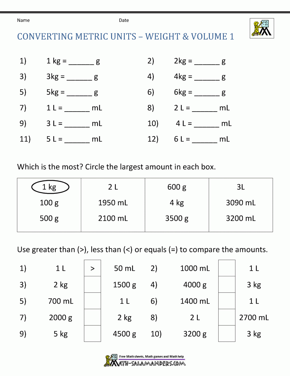 Metric Conversion Worksheet Metric Conversion Worksheet