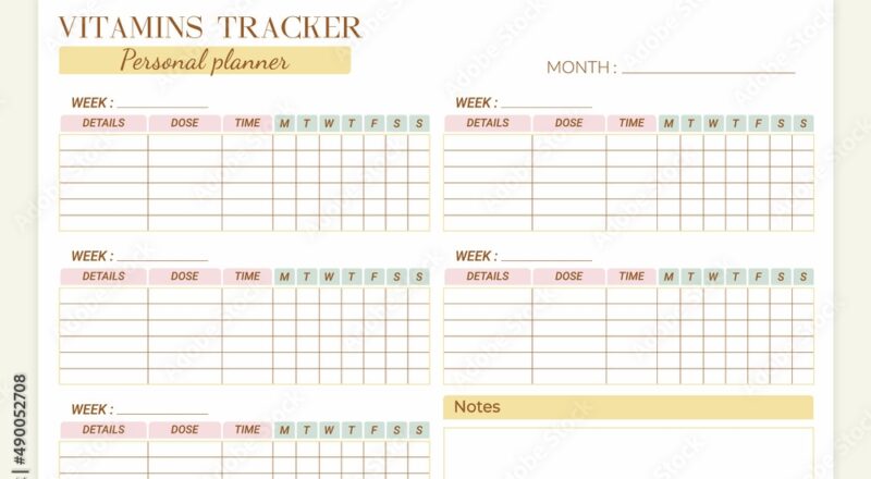 Minimalistic Monthly Printable Vitamin And Supplement Intake Tracker Template Weekly Monthly Daily Medication Tracking Log Vector Horizontal Template Stock Vector Adobe Stock