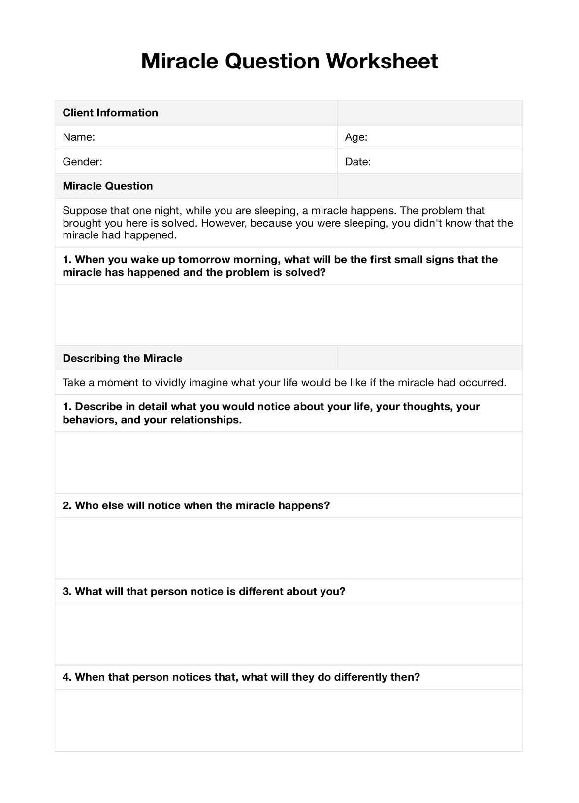 Miracle Question Worksheet Miracle Question Worksheet