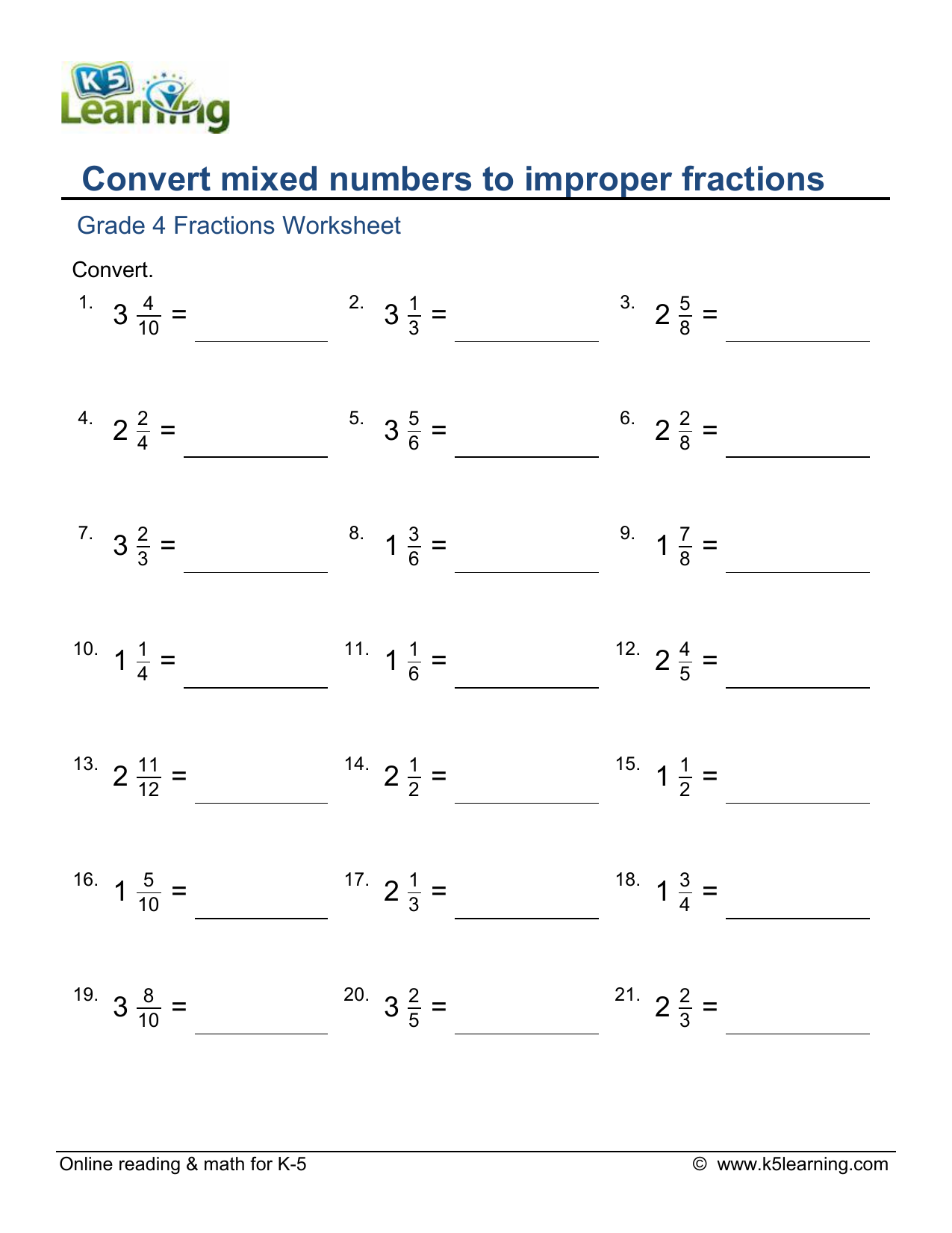improper fraction to mixed number worksheet improper fraction to mixed number worksheet
