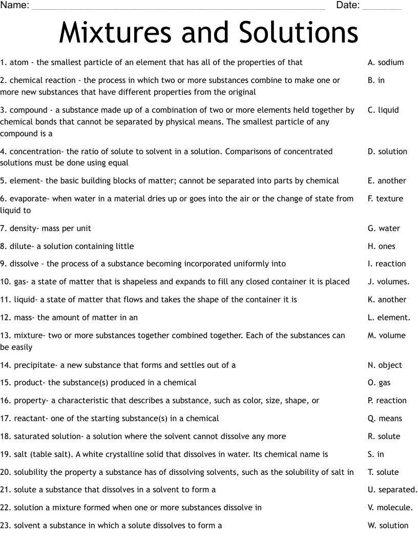 Mixtures And Solutions Worksheet WordMint Mixtures And Solutions Worksheet WordMint