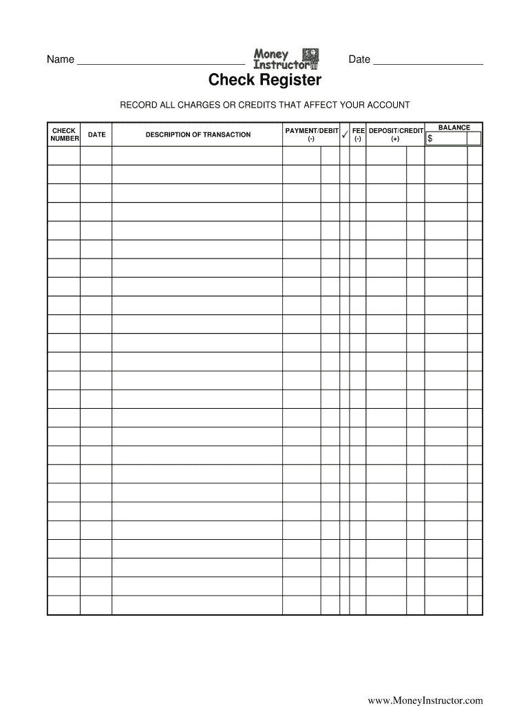 Money Instructor Check Register Form Fill Online Printable Fillable Blank PdfFiller