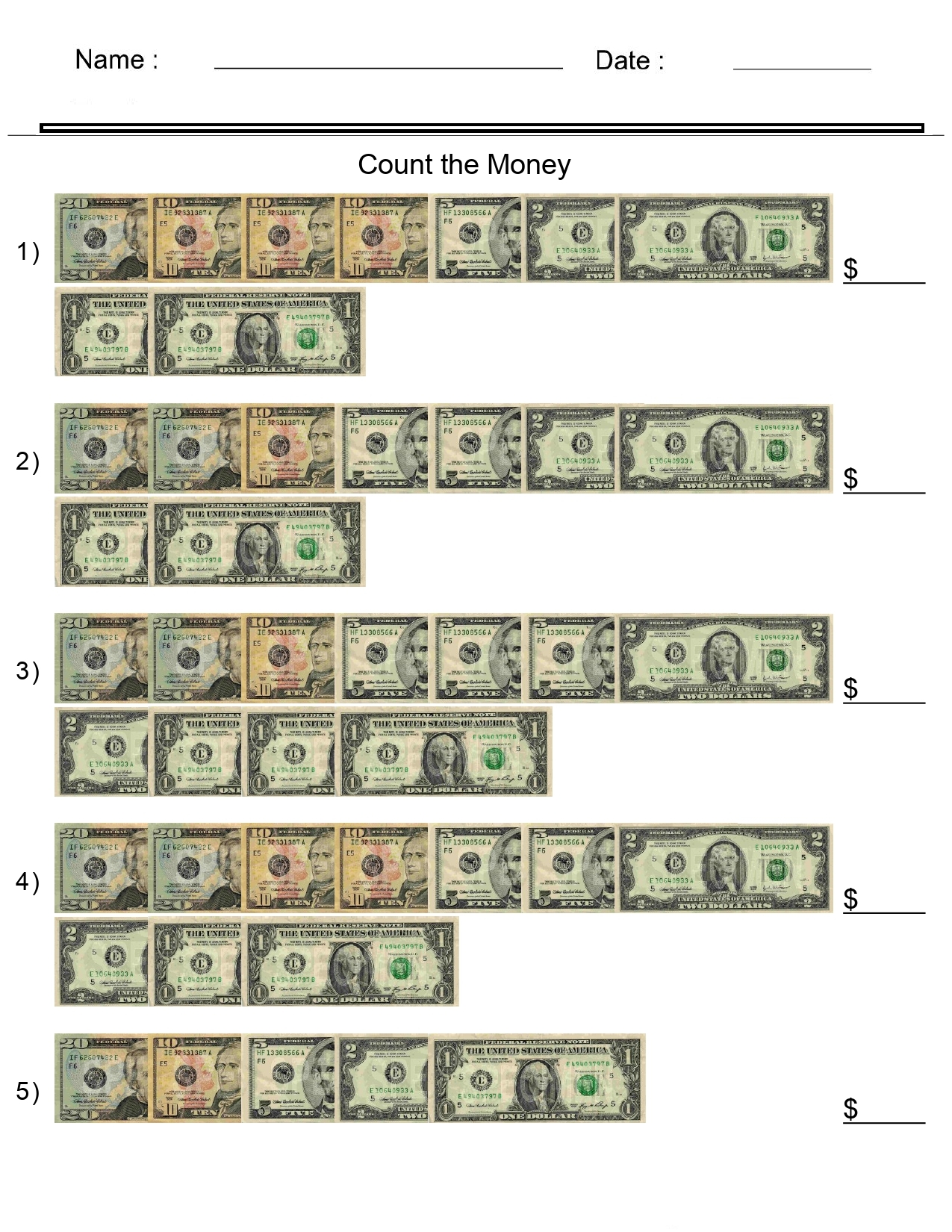 money counting worksheets