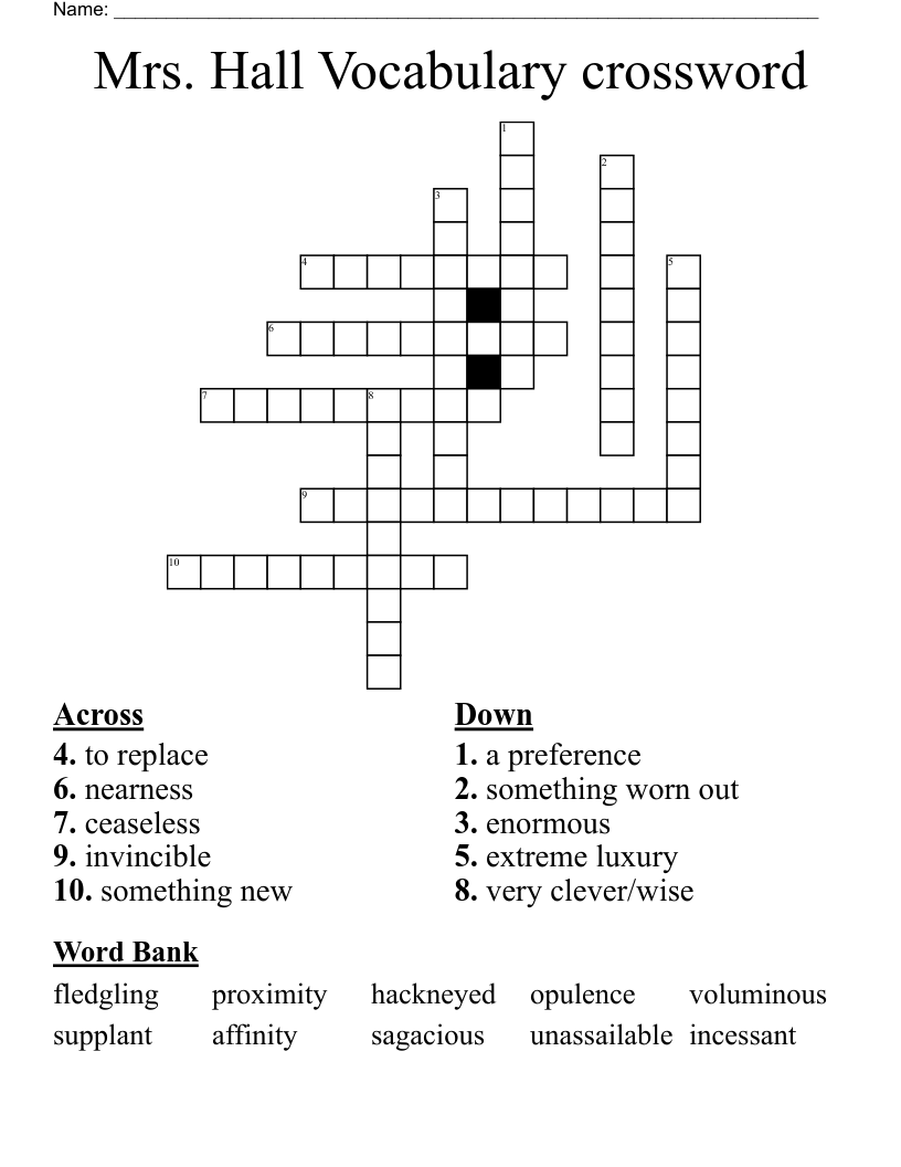Mrs Hall Vocabulary Crossword WordMint