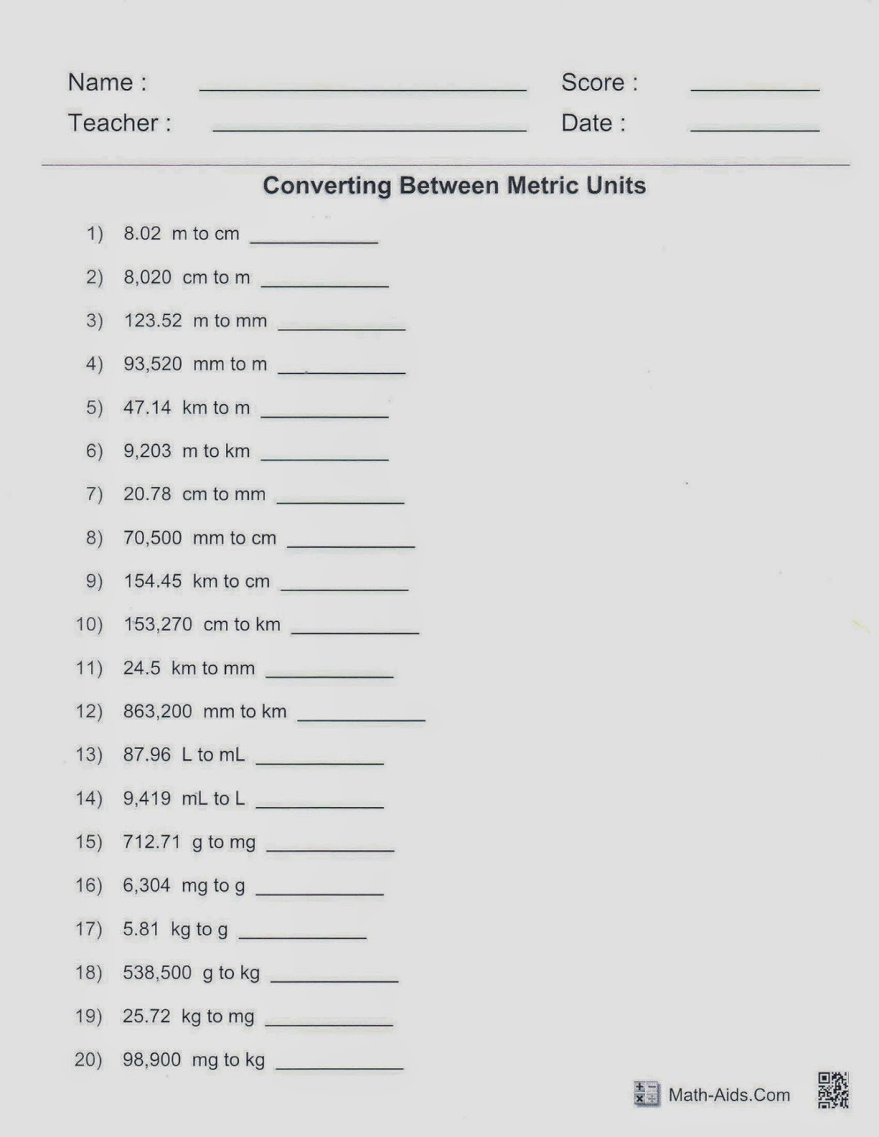 converting metric units worksheet