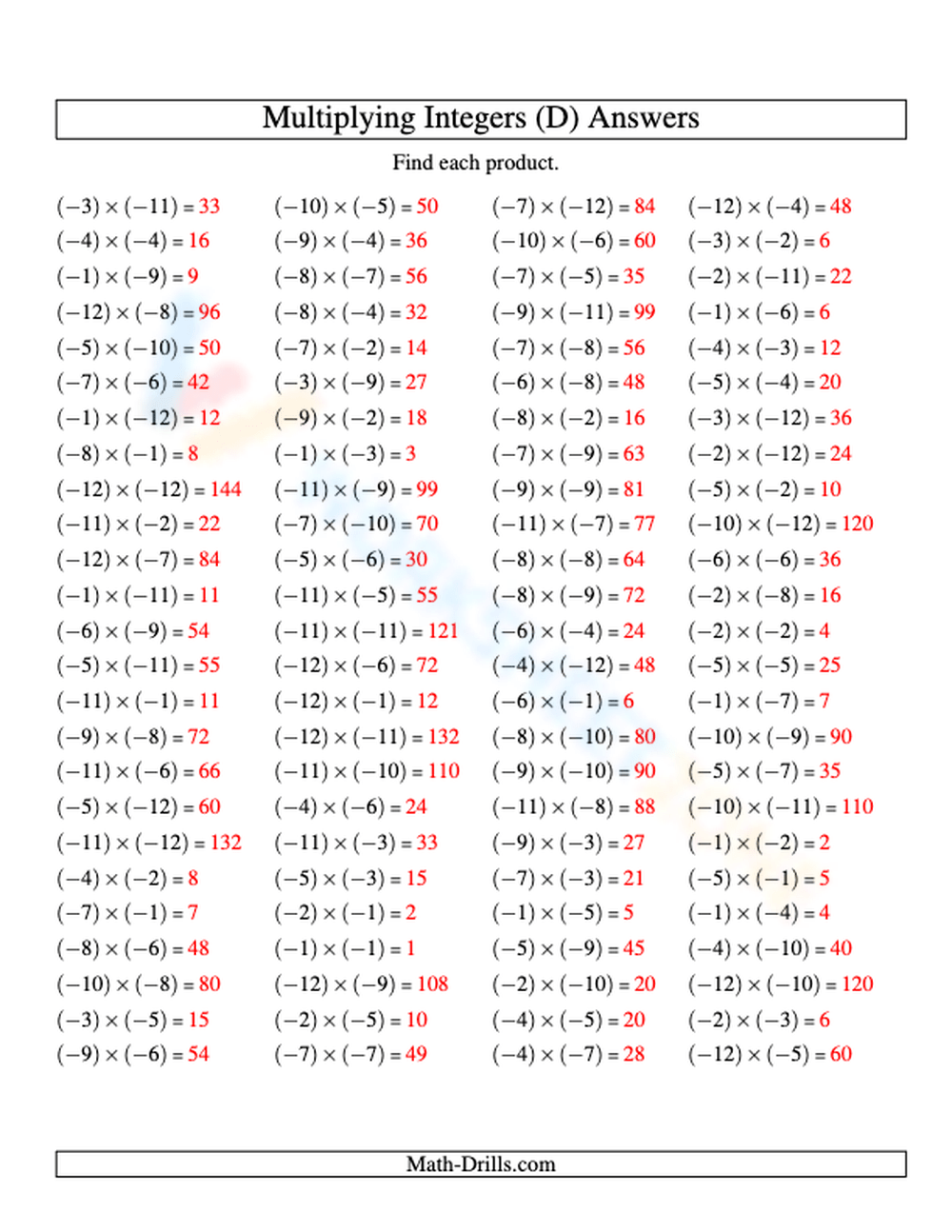 Multiply Integers Practice Range 12 To 1 Worksheet Multiply Integers Practice Range 12 To 1 Worksheet