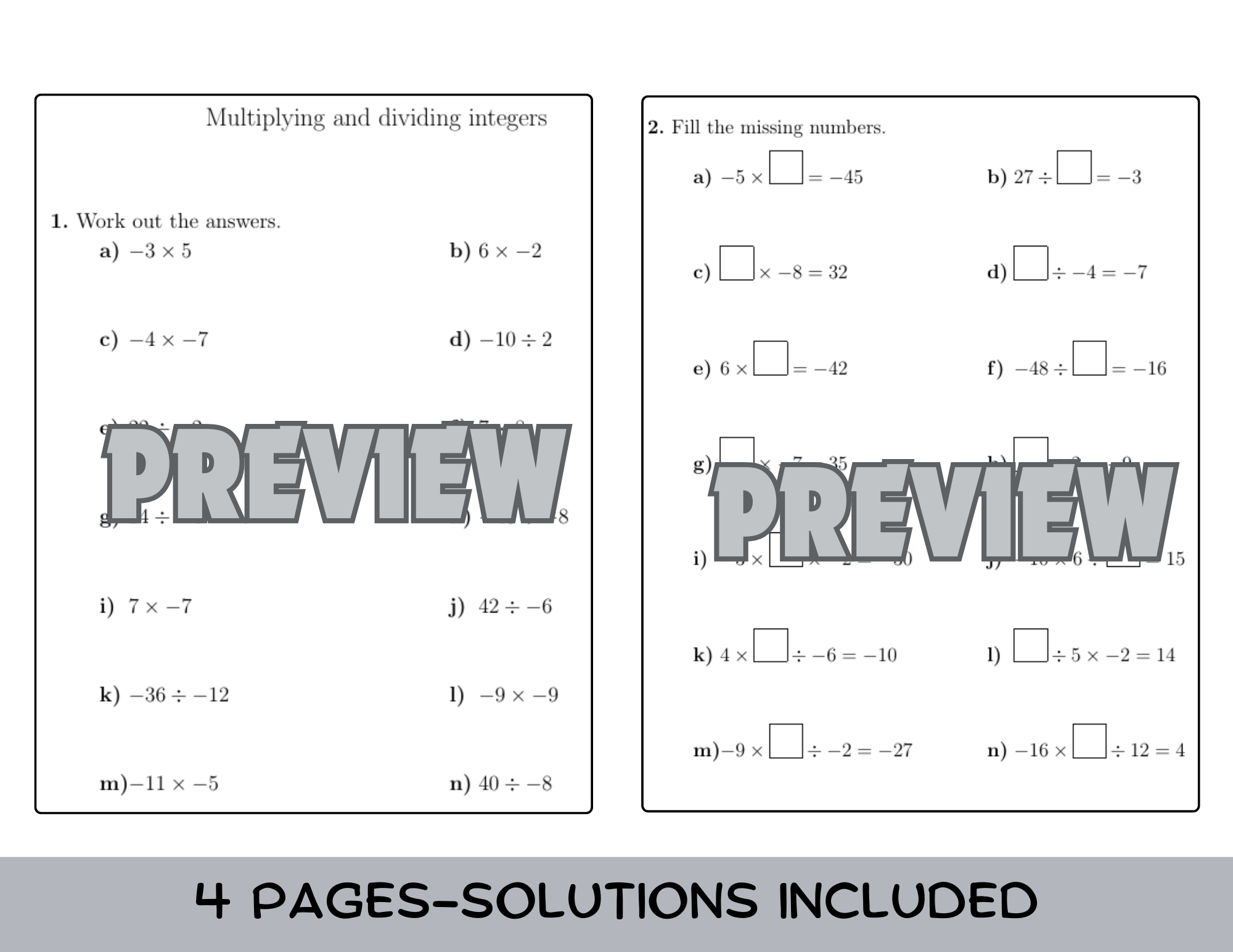 multiplying and dividing integers worksheet