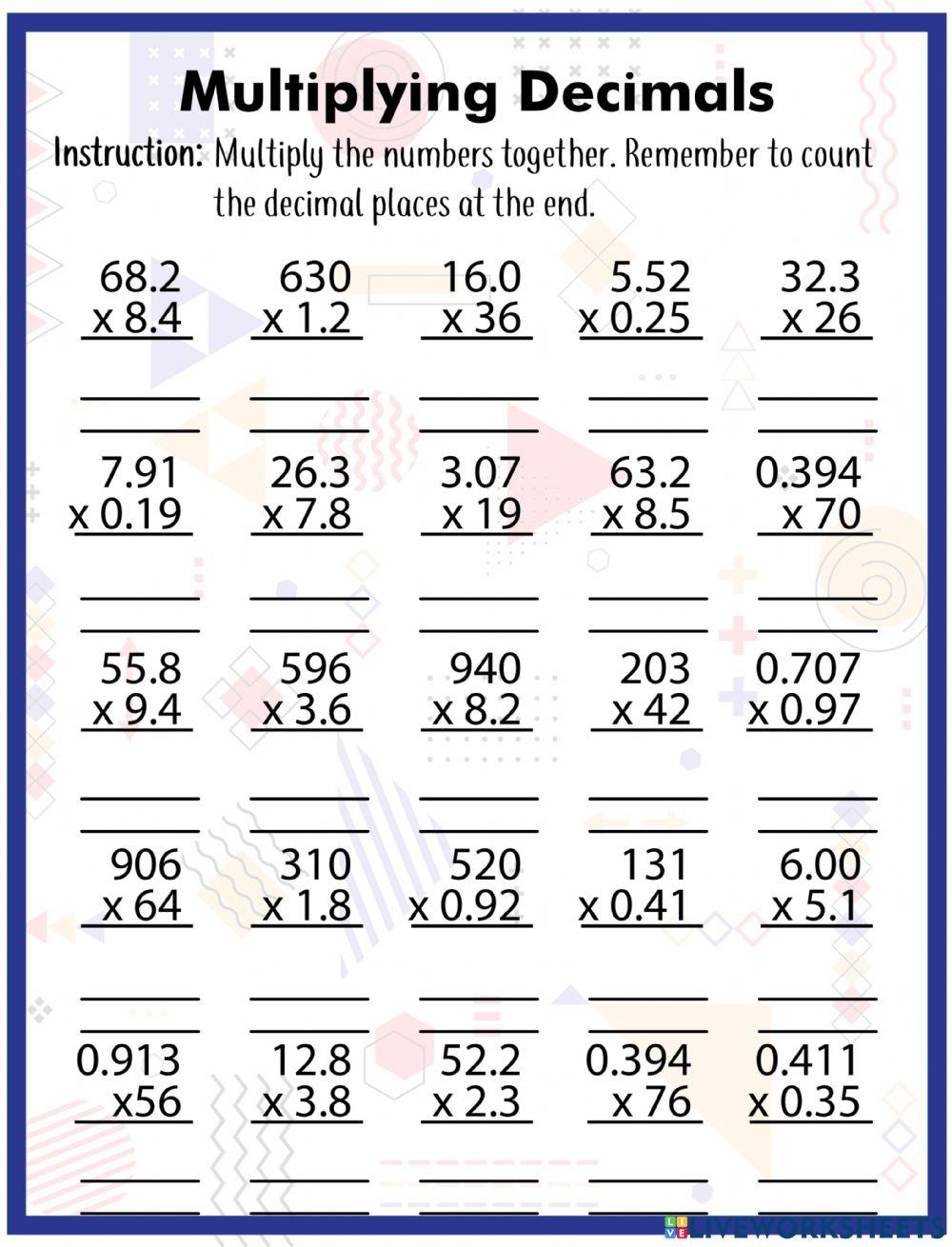 multiply decimals worksheet multiply decimals worksheet